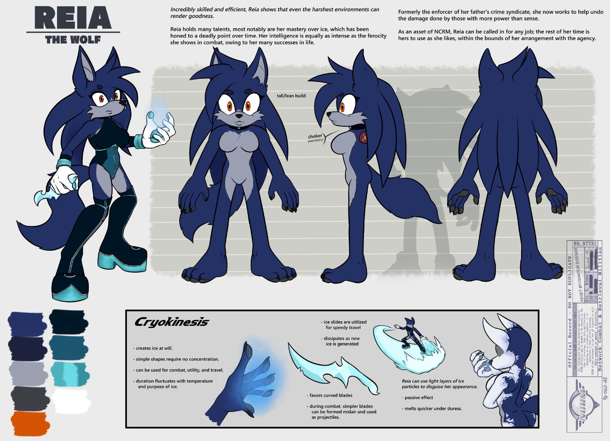 Detailed reference sheet of Reia the Wolf; featuring main pose, turnaround and height comparison, and bio data, as well as power description. "Nude" version.