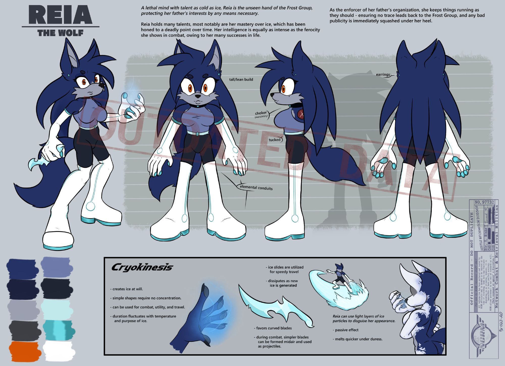 Detailed reference sheet of Reia the Wolf; featuring main pose, turnaround and height comparison, and bio data, as well as power description.
For lore reasons, this is to be considered her "old" look - before she becomes a part of NCRM.