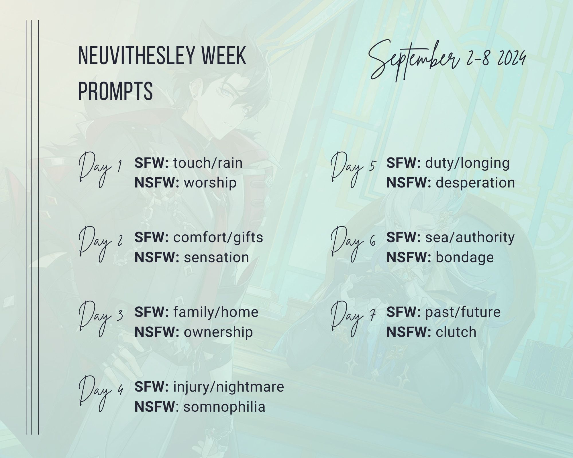 Neuvithesley week prompts in english. Please see the carrd for more info.