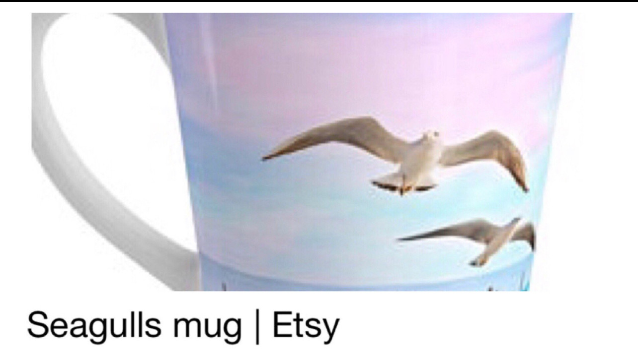 Coffee mug has 2 seagulls on it. Etsy describes it as “Seagulls Mug”