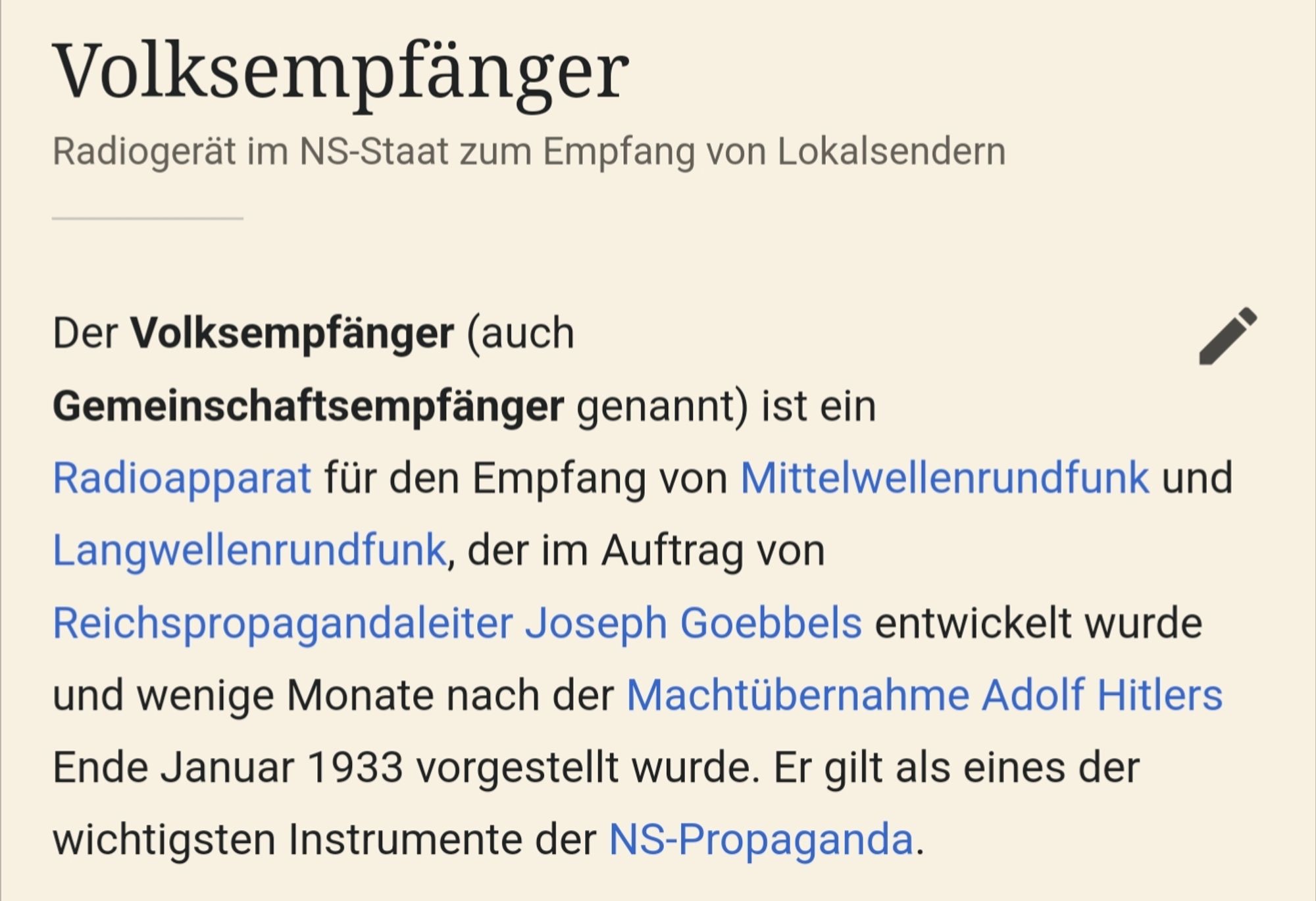 Wikipedia Artikel zu "Volksempfänger"