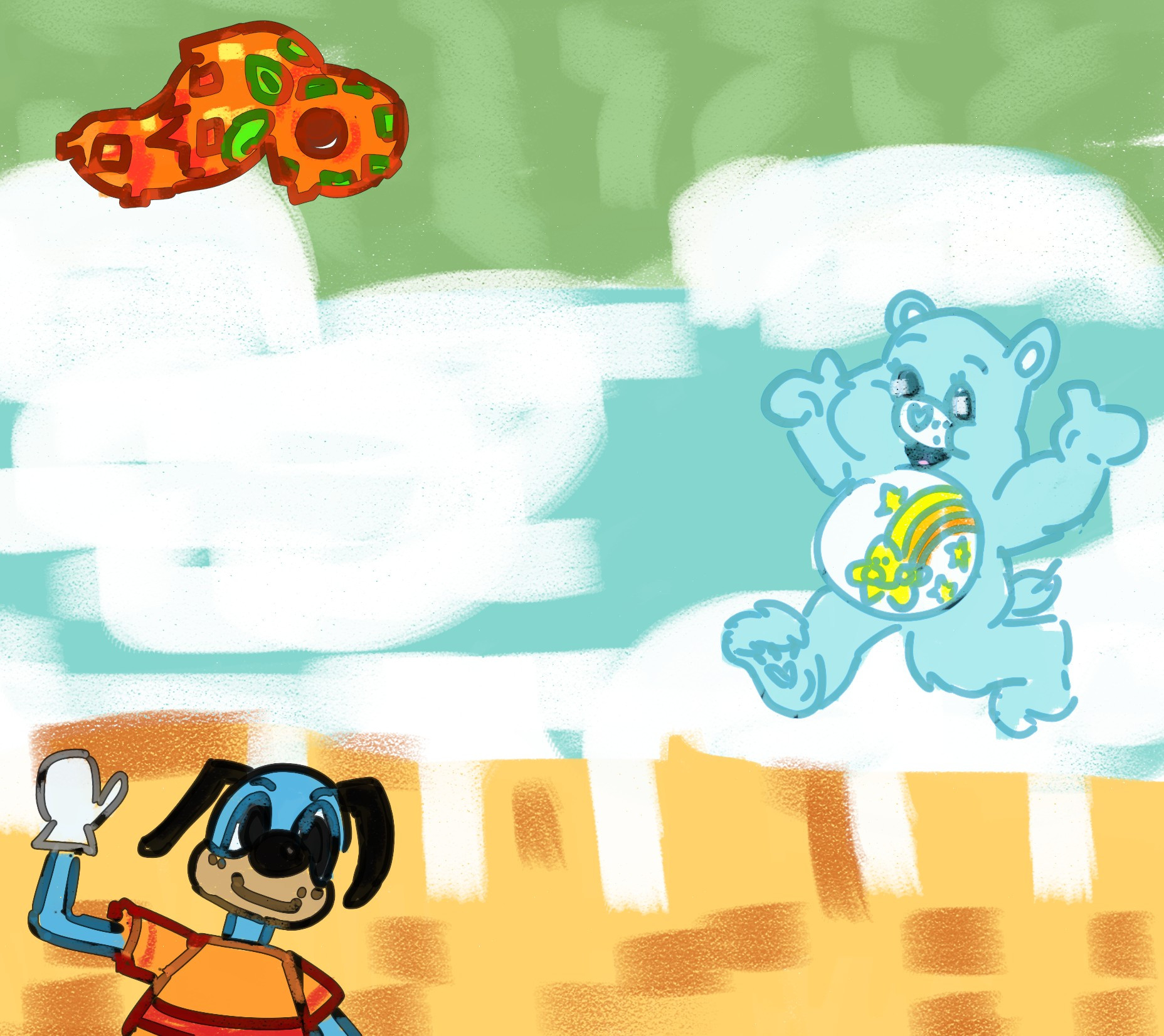 A cartoon-y art piece that transitions from grass to sky to city, featuring a whirlm from viva pinata, wish bear from care bears, and flippy from toontown