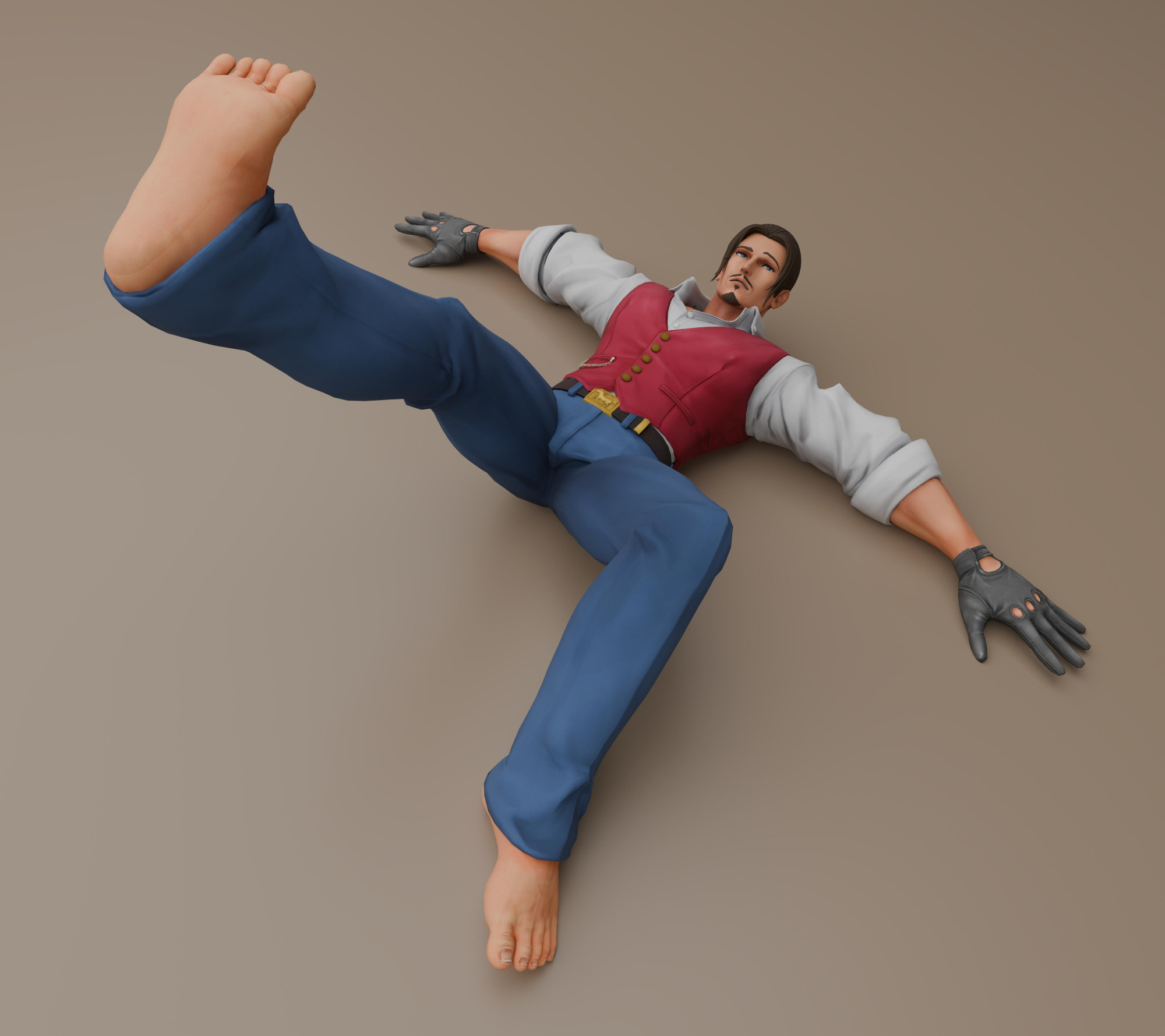 Robert Garcia from The King Of Fighters series (in his KOFXV design) laying on the ground while he has the sole of his bare feet up in the air in front of the point of view, he looks at the viewer with a half-lustful facial expression.