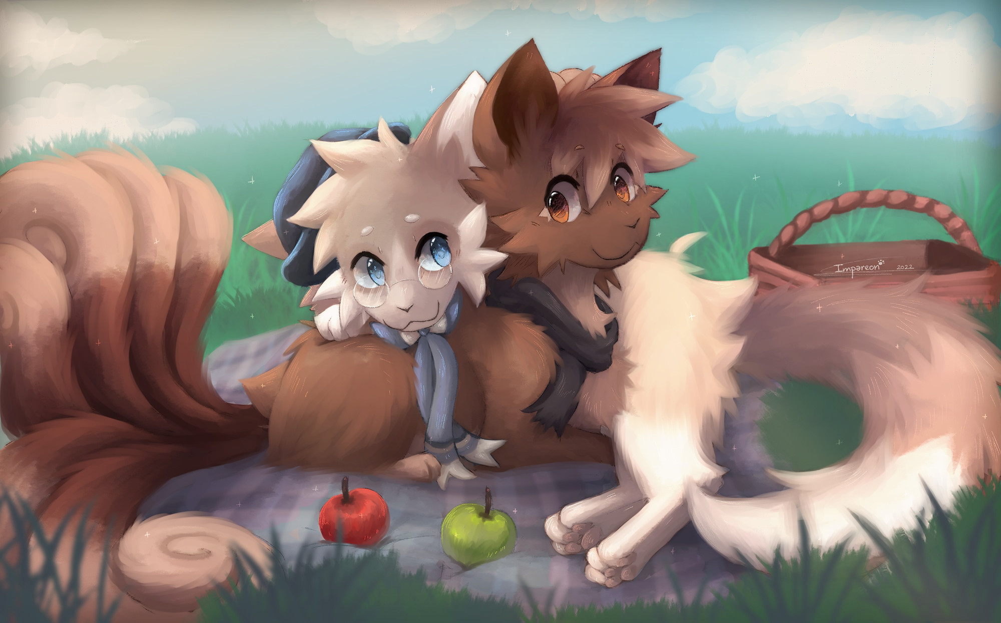 A digital artwork on my fox and a friend's Vulpix having a cosy picnic together.

My fox is wearing a blue hat on his right ear, circular glasses and a cute white and light blue bow with long ribbons. Their fur has pattern and colours inspired by Red Marble and Gold Platinum Fox.
My friend's Vulpix has a black scarf.

They are in a grassy field lying on top of a towel. There are two apples in front of them and a basket behind.