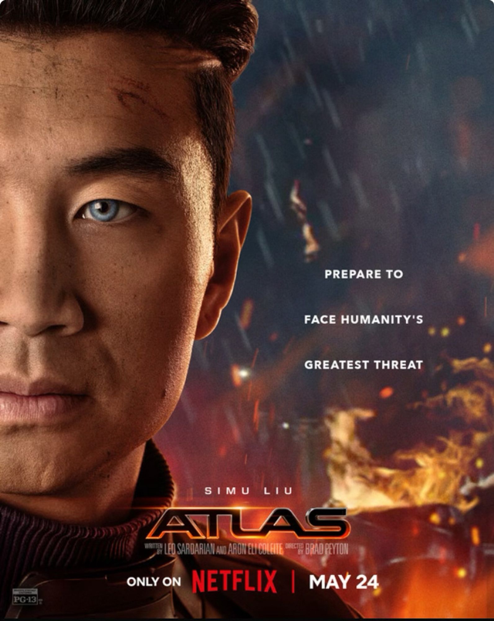 poster for new Netflix movie ATLAS with an ominously glaring Asian man with blue eyes (actor Simu Liu) in front of a scene of firry destruction, and the tagline PREPARE TO FACE HUMANITY'S GREATEST THREAT