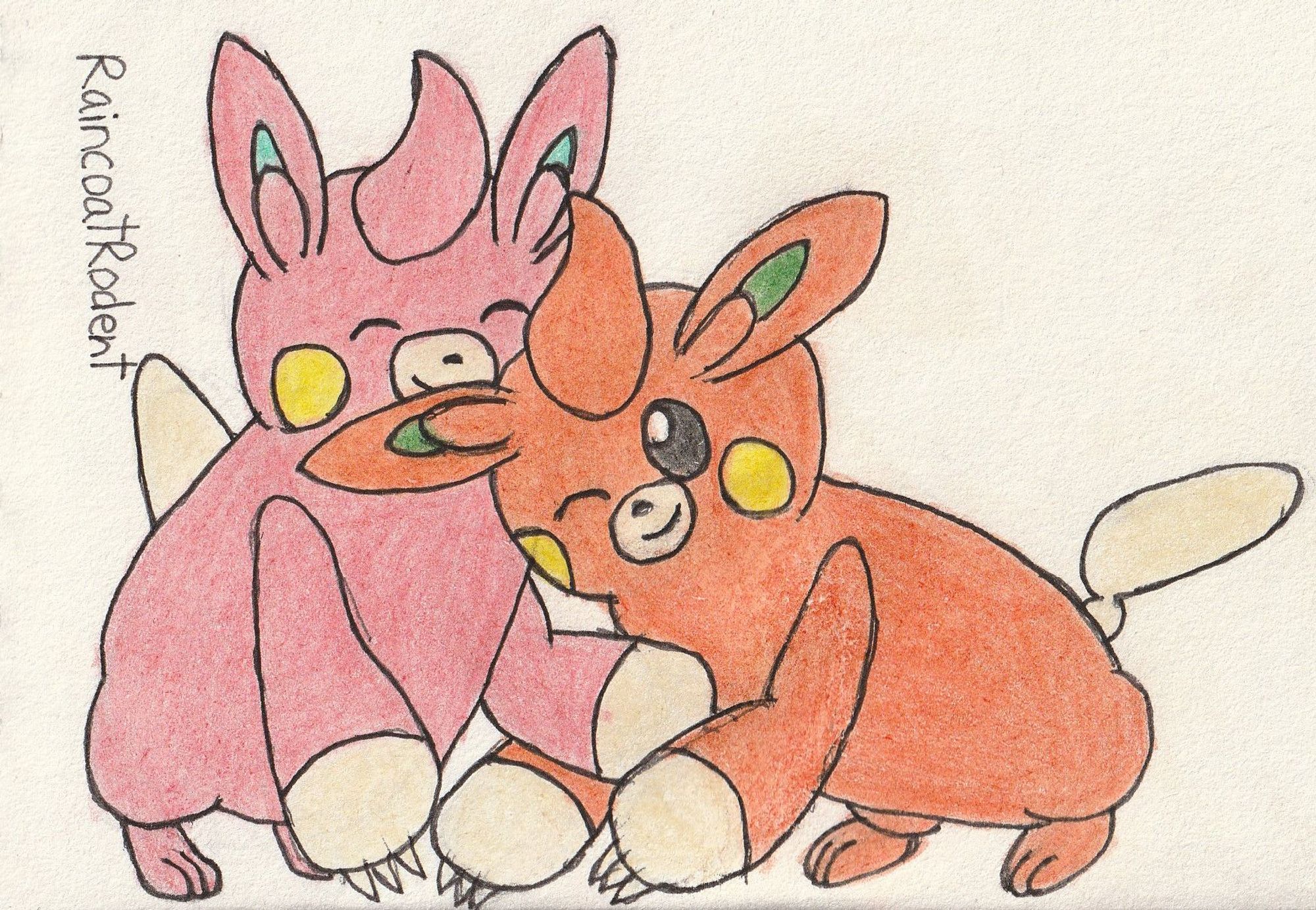 Traditional art of Pokémon - a regular Pawmi nuzzling up to a shiny Pawmi.