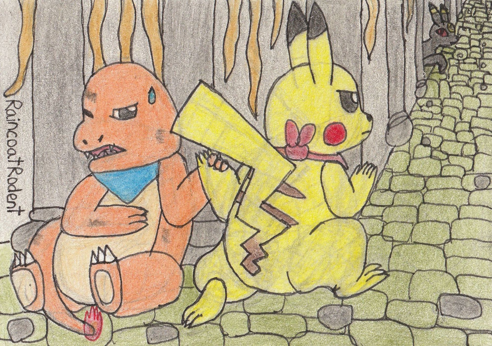 Traditional art - Pokémon Mystery Dungeon fanart. A Charmander is sitting against the wall of a dungeon. Their pained expression and faint tail flame indicate they're hurt. Their Pikachu teammate is kneeling on the floor and peeking around a corner, looking out for danger, while holding the resting Charmander's hand to comfort them. A wild Umbreon is seen down the corridor, spotting Pikachu.