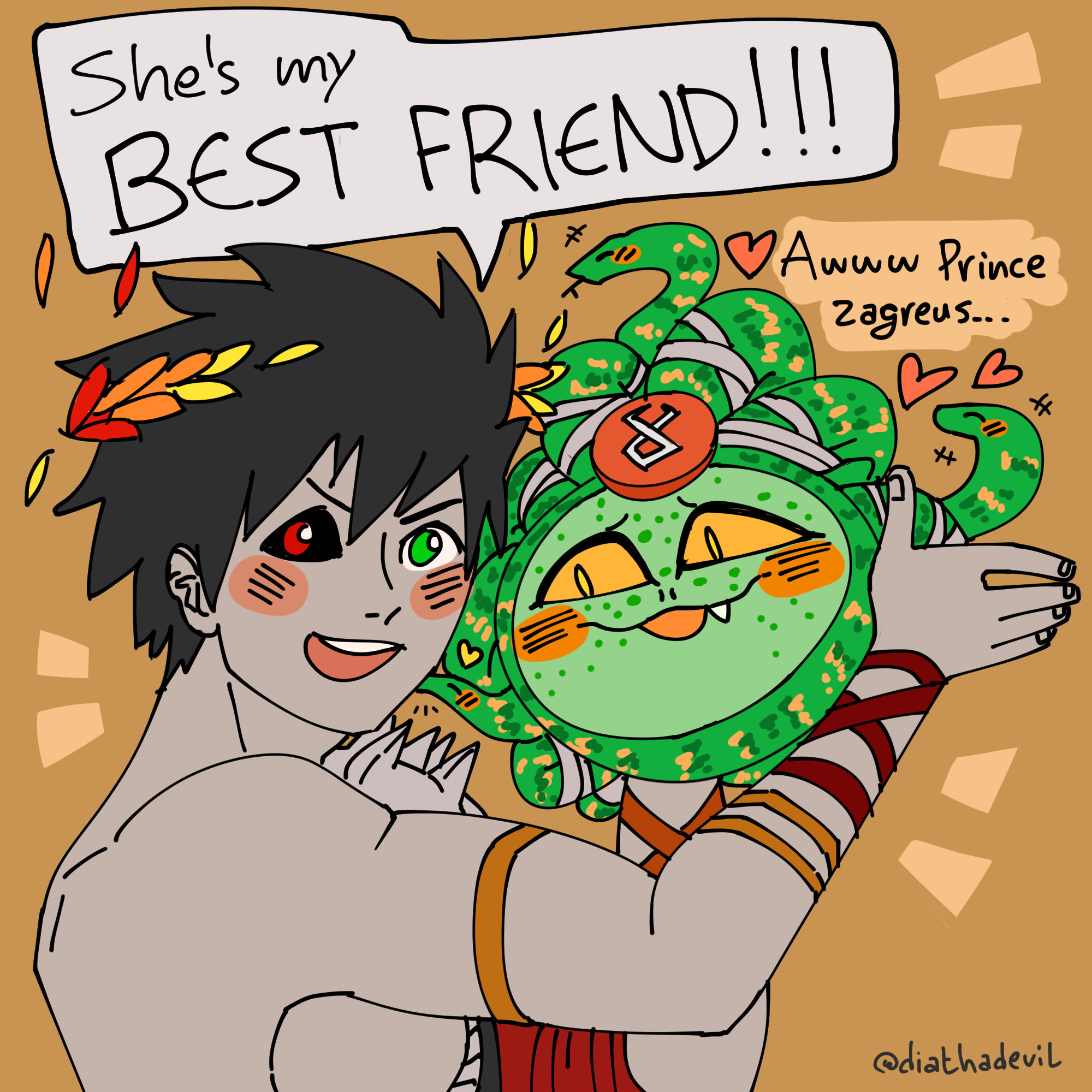 Zagreus hugging Dusa. He says "She's my BEST FRIEND!!!". Dusa blushes and embarrassingly responds "Awww Prince Zagreus..."