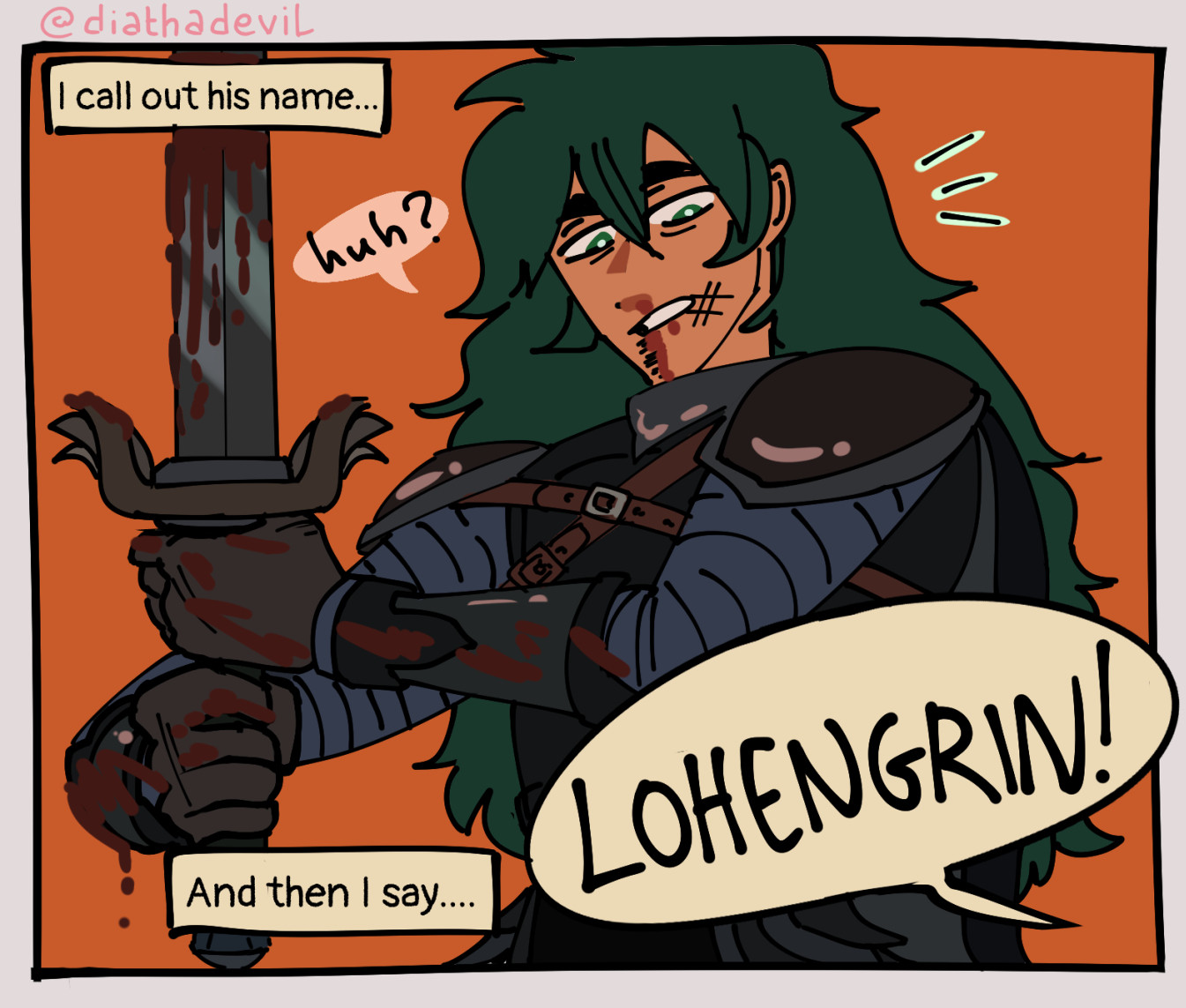 Duck the Bard narrates "I call out his name.... And then I say....". Lohengrin is visible in the panel, a dark Echo Knight warrior covered in blood and bruises. Duck calls out to him shouting "LOHENGRIN!" and he responds with "Huh?".