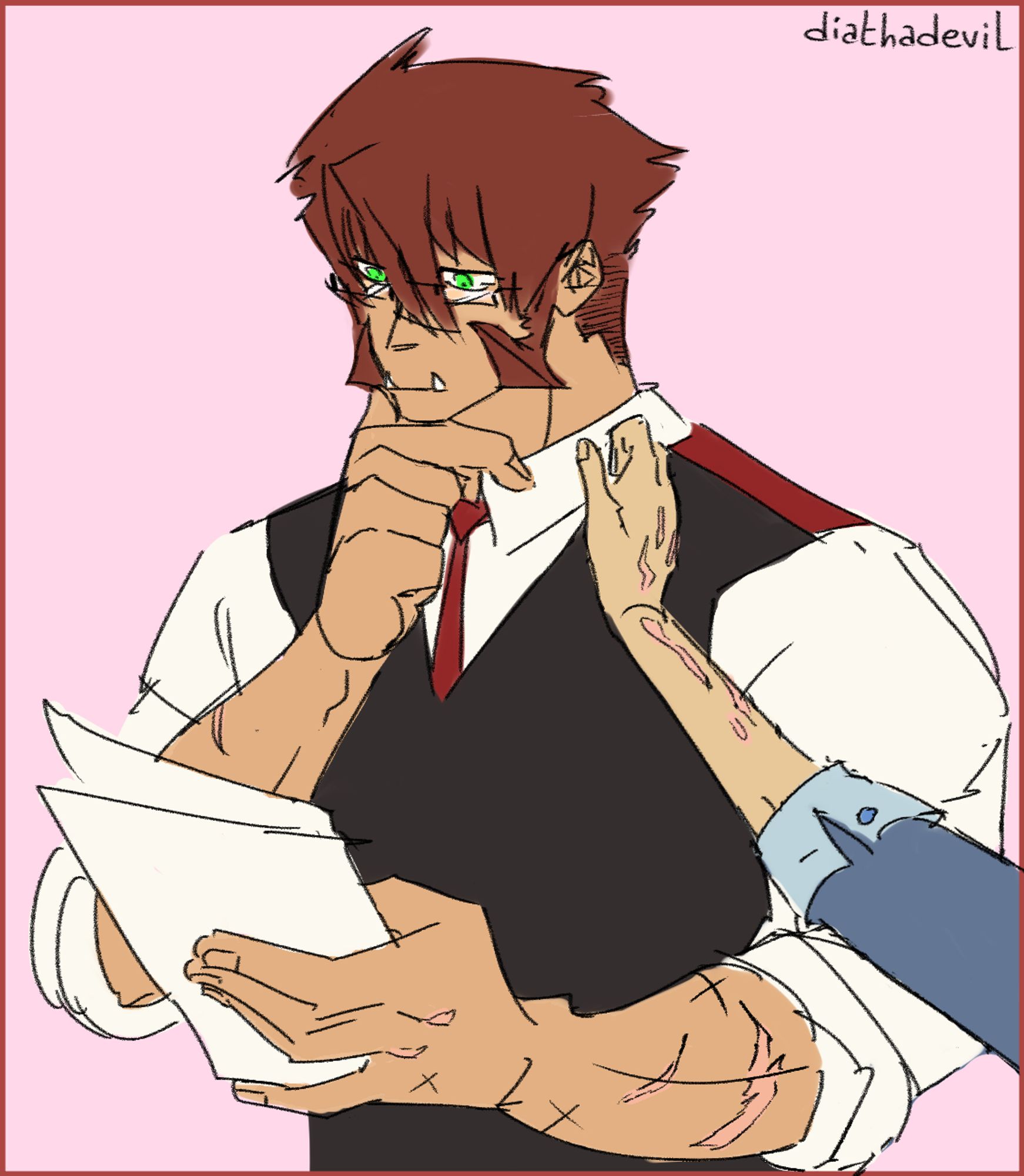 Doodle of Klaus von Reinherz looking down at some papers he's holding, while a hand is shown in front of the viewer about to reach out towards him.