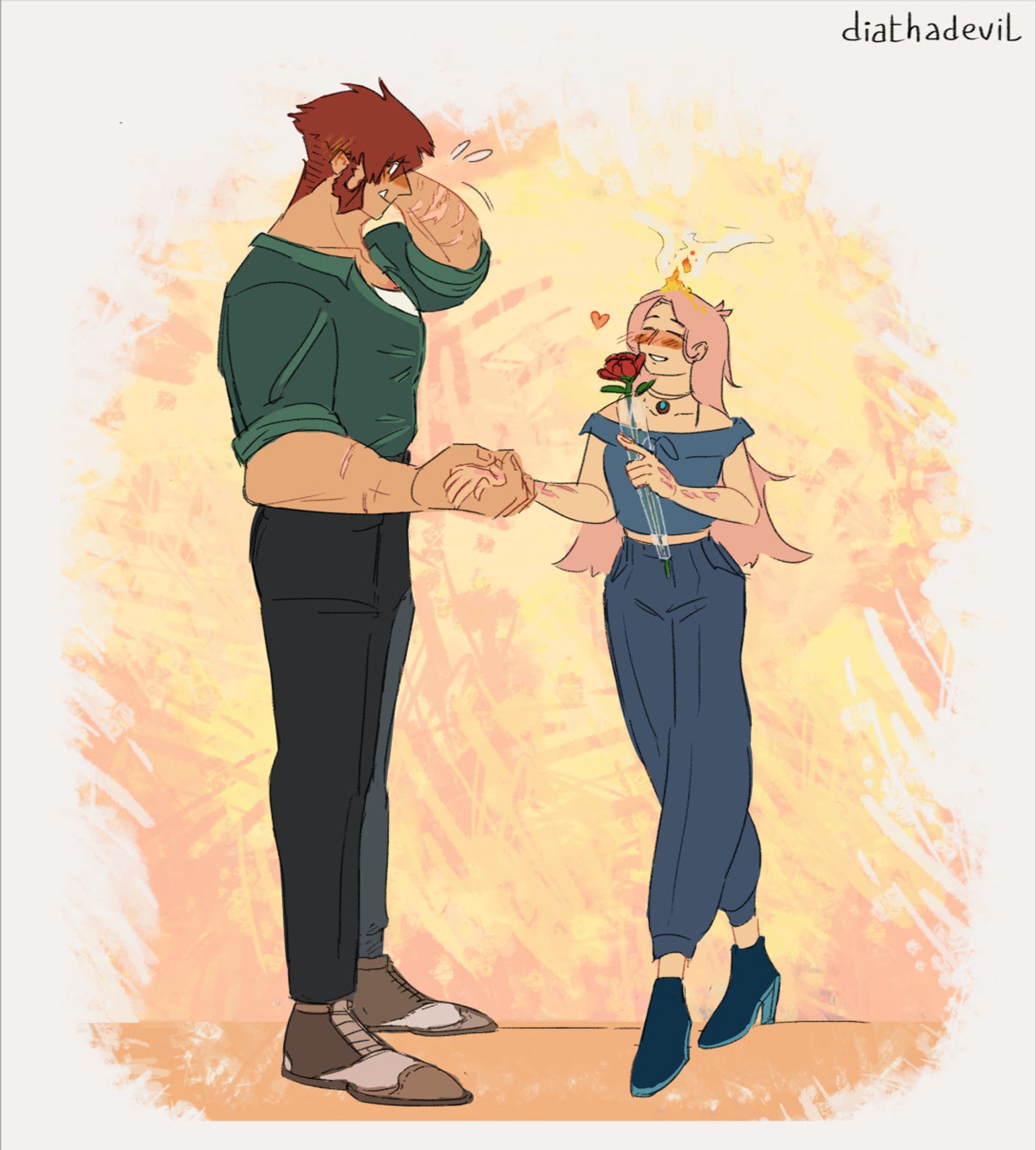 sketch of Klaus and Aideen holding each others hand as Klaus has his other arm rubbing the back of his head as he blushes and smiles at her, while Aideen is holding the rose with her free hand and smiling with her eyes closed. Aideen's hair is emanating a little fire and smoke as she's blushing. Aideen is wearing a dark aquamarine frill-collar shirt and dark blue summer pants and heeled ankle boots. Klaus' formal shoes are a milk chocolate color with a beige vamp and tongue. The artist's watermark (diathadevil) is on the upper corner of the canvas.