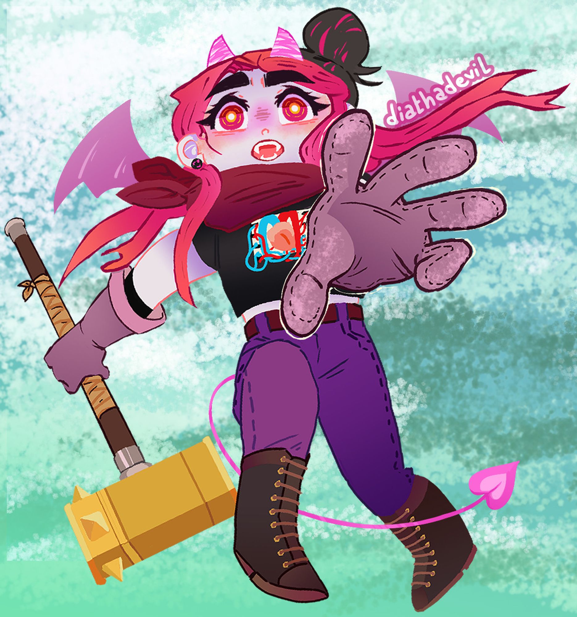 A lineless drawing of Dia cosplaying as The Kid from Bastion, falling in the sky as they're reaching for something in front in an extremely lensed view of their hand. Her other hand is holding The Kid's hammer. The artist's watermark (diathadevil) is on her bat wing.