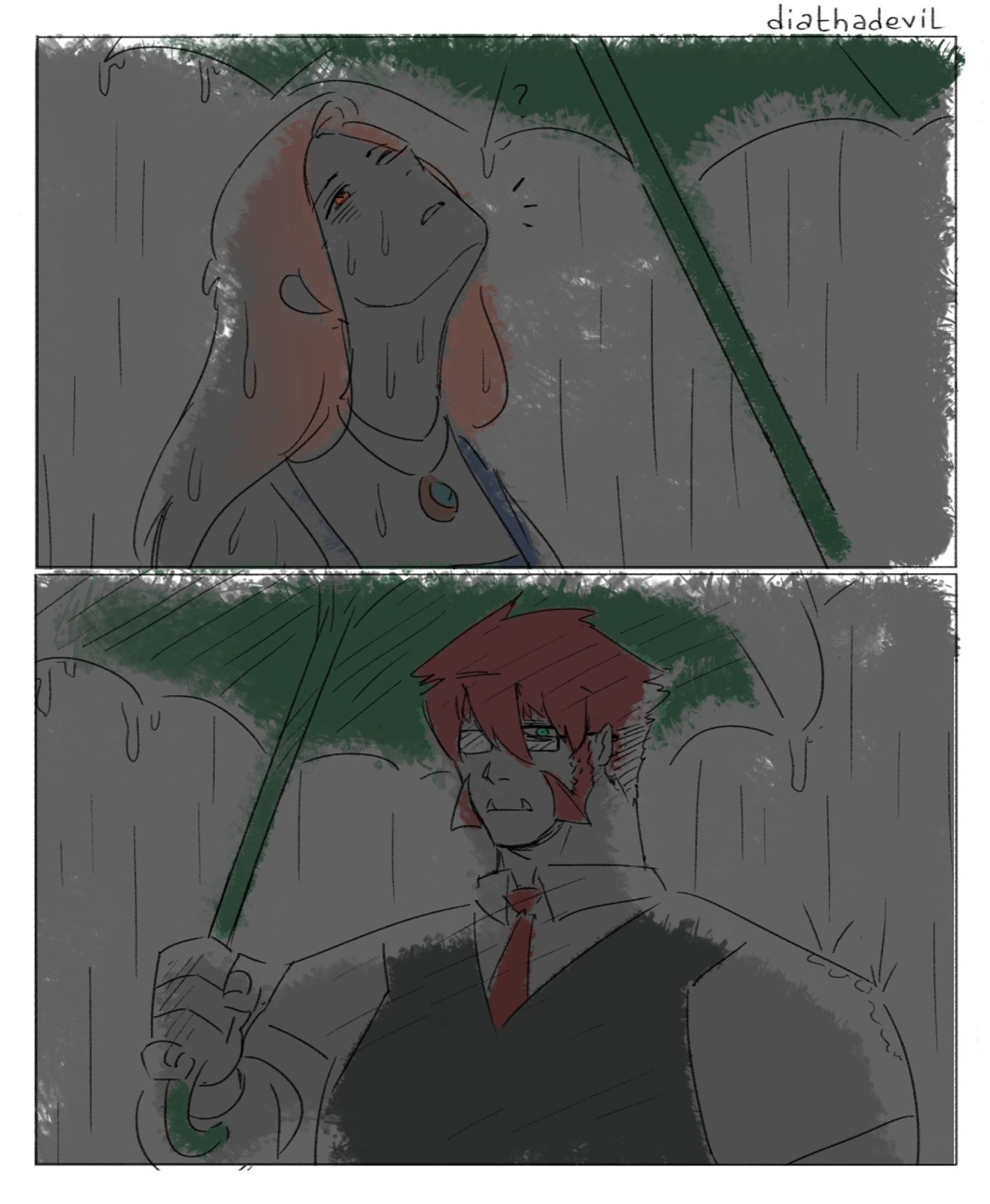 Two panels, one showing one with Aideen's face as Klaus' umbrella covers her, and she slowly regains her colors as well. She's still looking up but now opens her eyes in confusion as to the stopping of the rain. The second panel shows Klaus from Aideen's perspective, looking down at her in contemplation and a hint of worry in his eyes. His shoulder is slowly being covered in water as he has shifted his umbrella towards her.