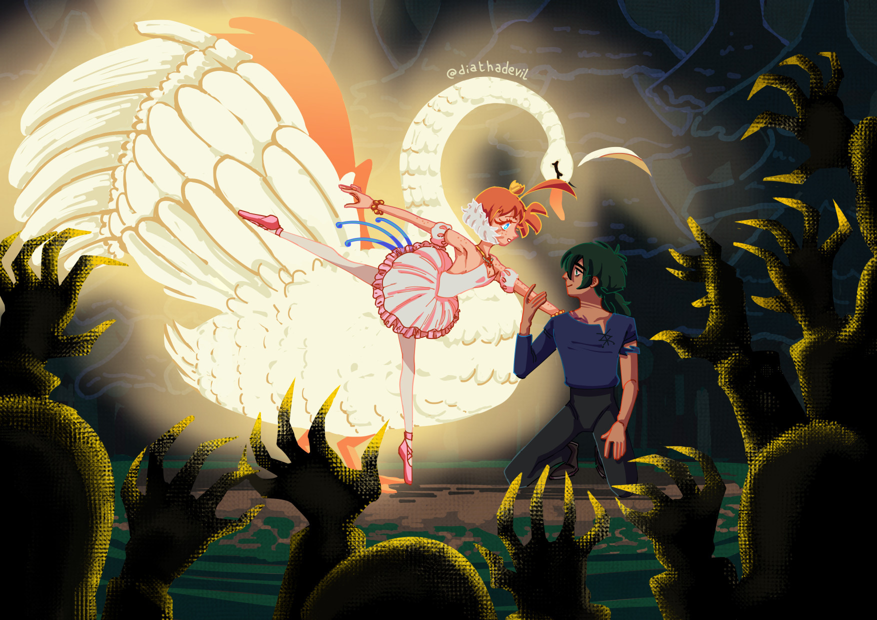 A horizontal illustration of Fakir and Princess Tutu, wherein Fakir is kneeling on the ground and is holding Tutu by the arm while she is in a ballet pose holding Fakir with one hand on his back, while the image of her Swan Form is brilliantly shining behind her, as the Book Men cower in fear, showing only their hands being shadowed by Tutu's appearance in the front of the painting composition. The artist's watermark (@diathadevil) is above Tutu's swan form.