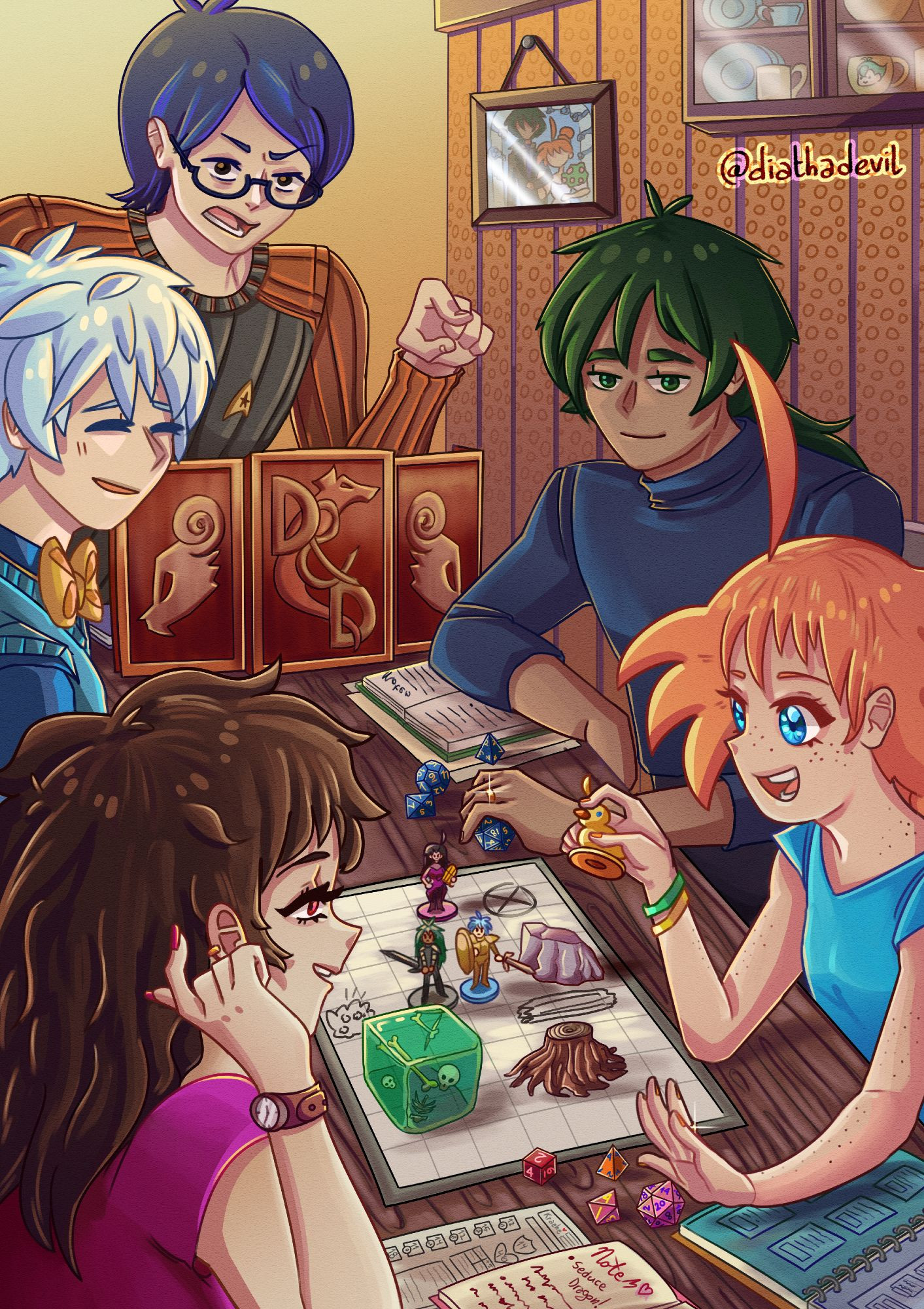 Illustration of the Princess Tutu main protagonists playing a game of DnD, with Autor as the DM complaining in front of the players. Ahiru is holding her duck figurine as Rue is talking to her, Mytho is smiling next to her and Fakir is sitting next to Ahiru smiling at her. The middle of the table is covered in a DnD map covered in marker indicators and a gelatinous cube enemy, with the other player figurines in front of the enemy. The back wall depicts a photo of Fakir and Ahiru in their wedding ceremony.