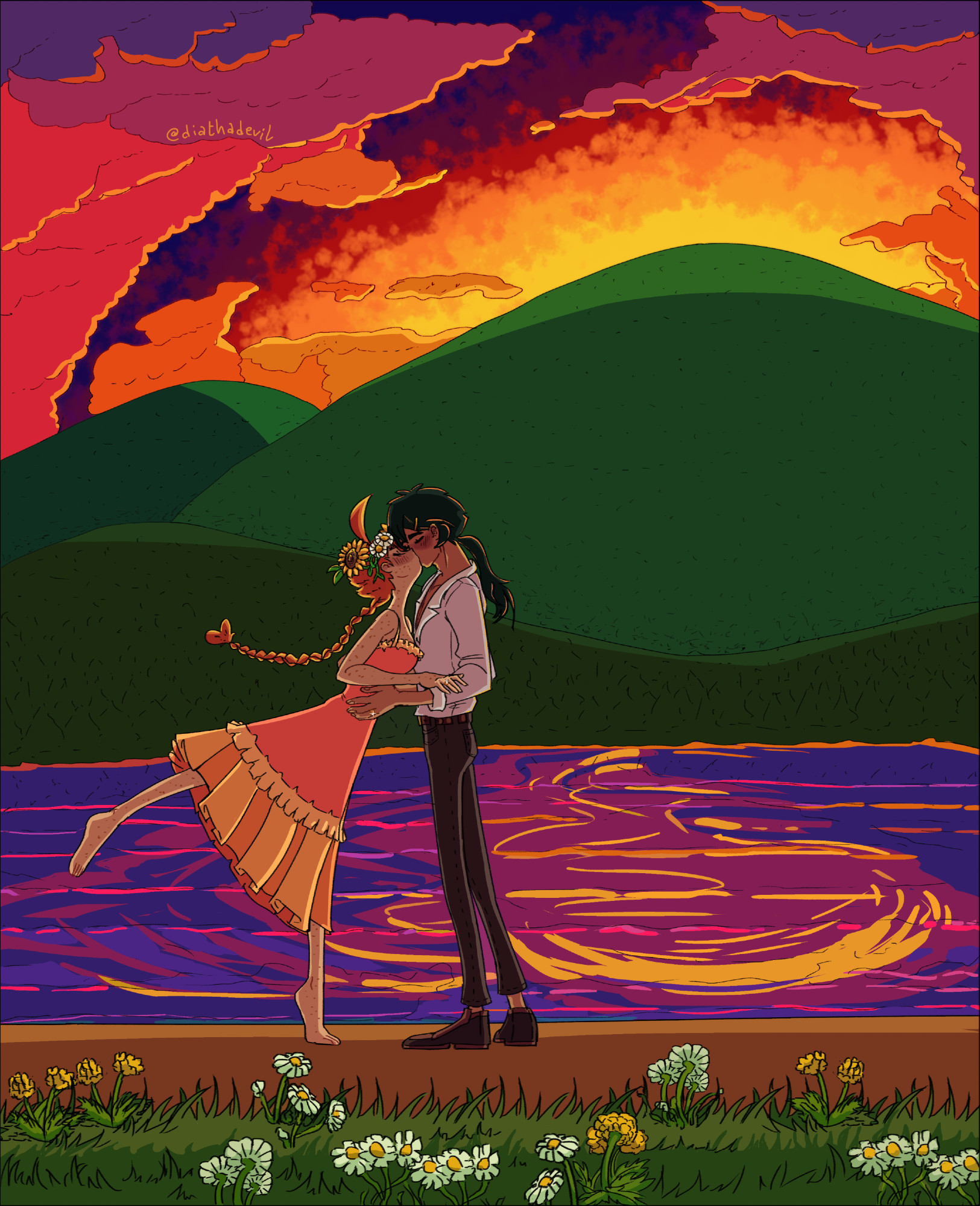 Fakiru Week 2022 Prompt for "Sunset". Depicting a sunset lakeview with a hill covering the sky, Fakir and Ahiru are depicted kissing and performing a pas de deux together as Ahiru wears a flower crown on her head.