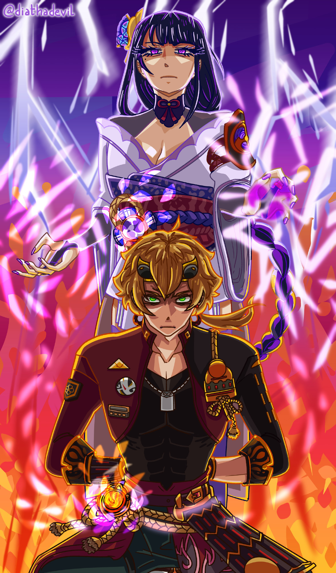 Illustration of Raiden Shogun and Thoma. Thoma is kneeling down and staring at the audience with his head lowered and his arms behind his back. Raiden Shogun is holding out her hands and summoning lighting in the top of the canvas, while Thoma's vision is burning red with Raiden's powers appearing on it as it's in the process of being removed from Thoma's side.