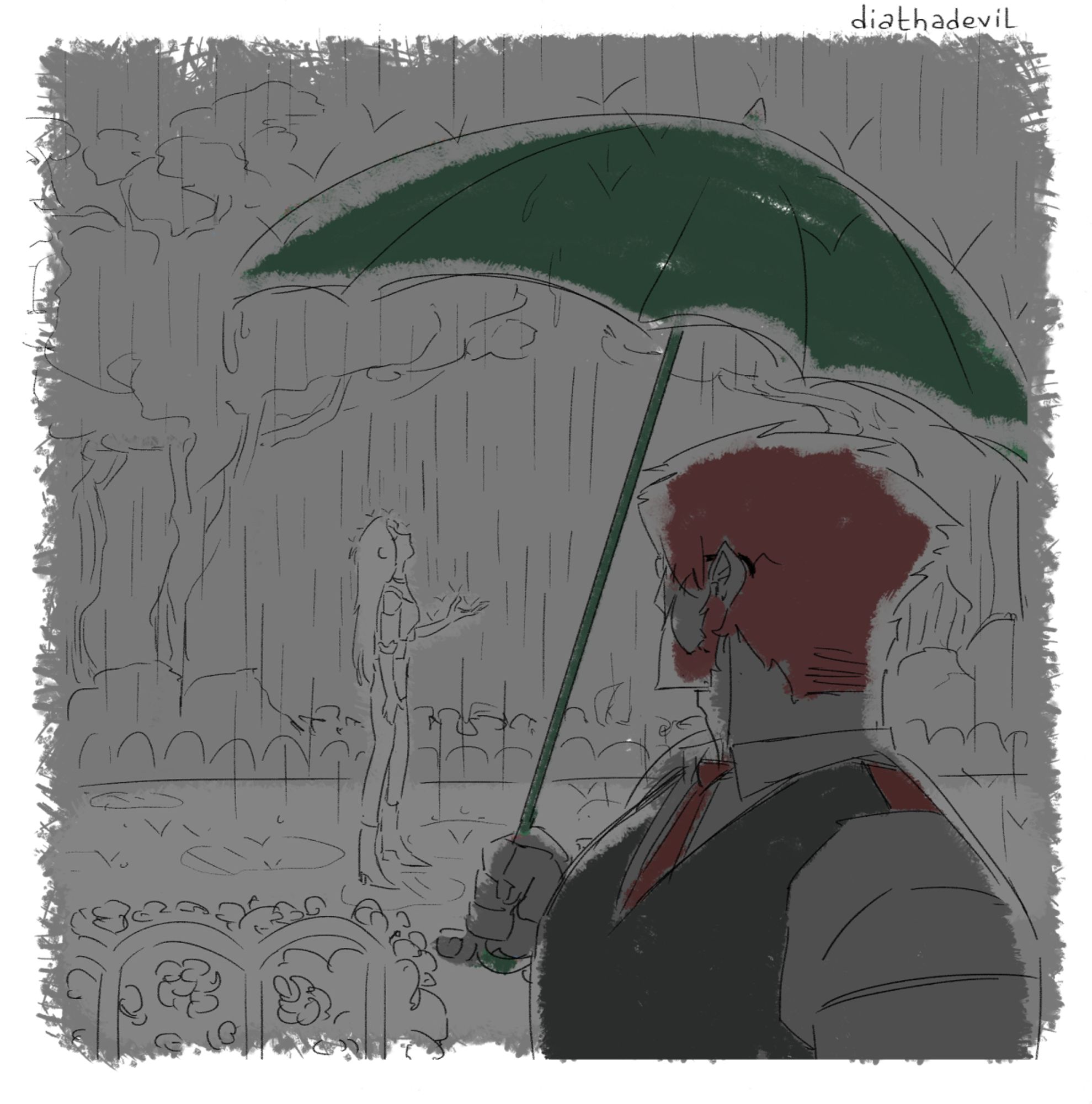 Panel zooms out of Aideen's frame and it panels over to a colored-in Klaus with his side visible to us and an umbrella he's holding over himself, he's looking over at Aideen from a distance.