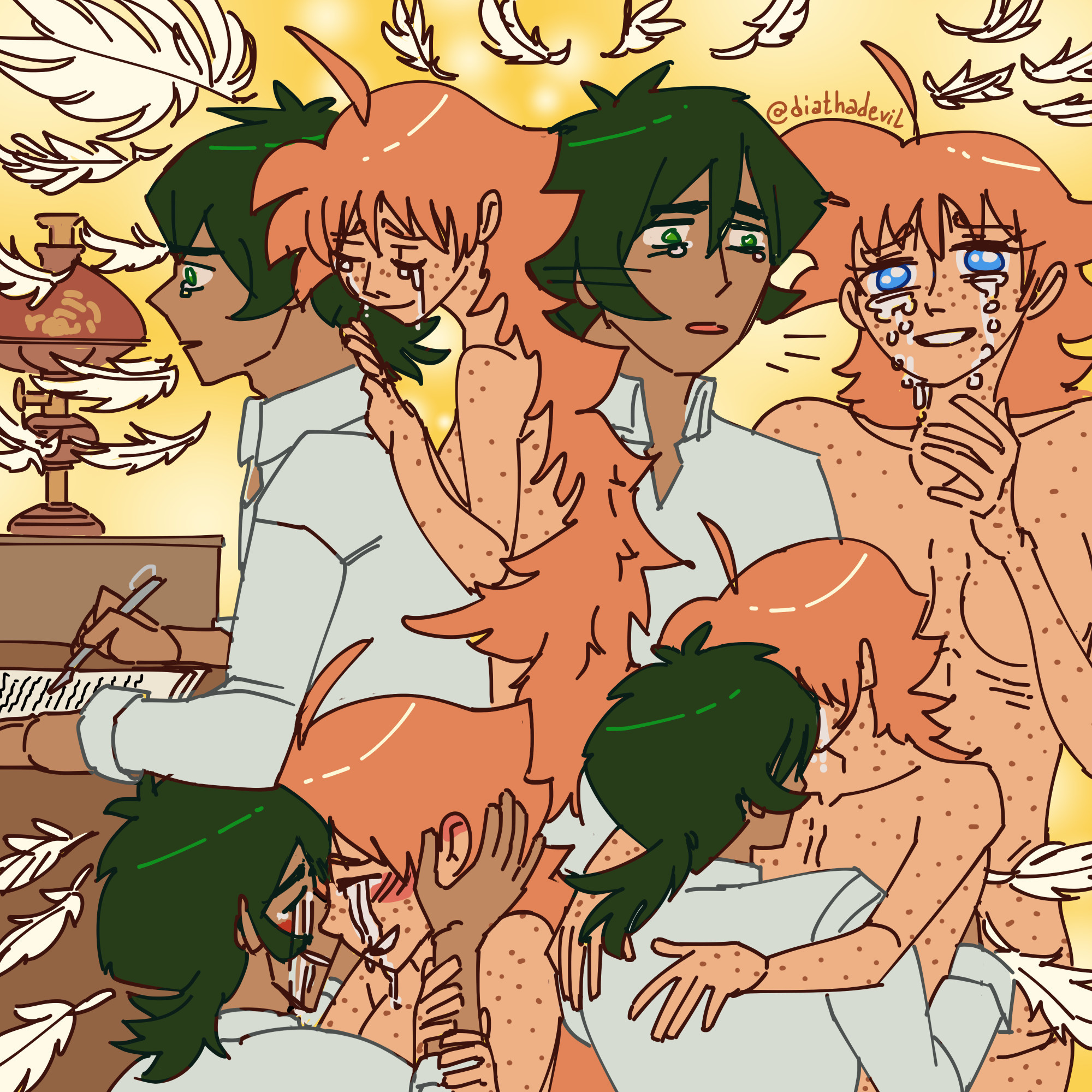 Fakiru 2021 Prompt for "Hope". Colored comic panel doodles depicting a nude Ahiru covered in feathers, crying and smiling as they both hold each other close together in a tearful reunion. The original text to this post reads: “Oh Fakir! You did it.”

"I have an entire comic planned set on these two growing older and Fakir eventually being able to write her back in their early/mid 20s. But for now here’s a doodle of said post-canon story concept!"