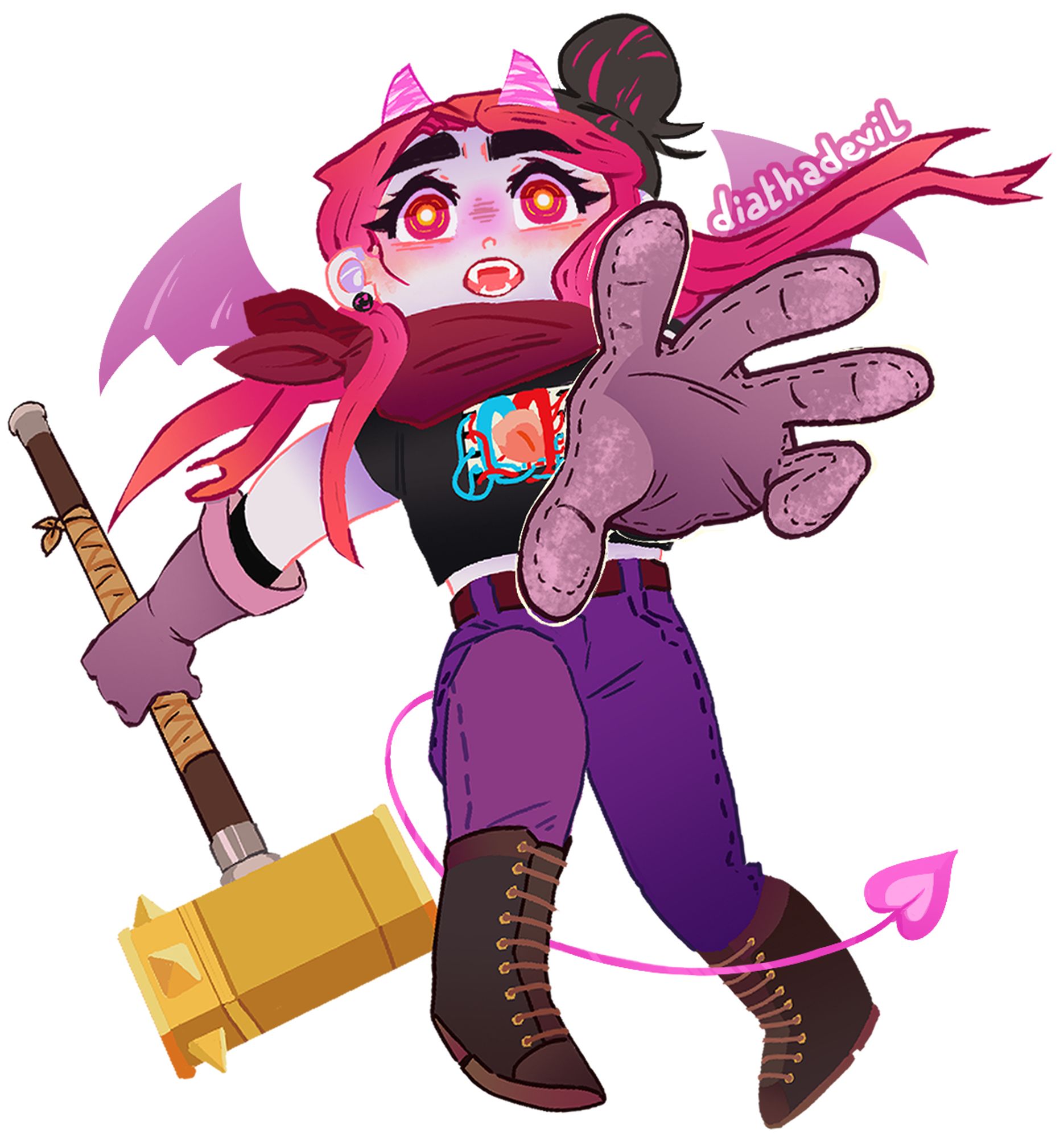 Same image of the previous Dia cosplaying as The Kid from Bastion but with the background being a transparent PNG format. The artist's watermark (diathadevil) is on her bat wing.