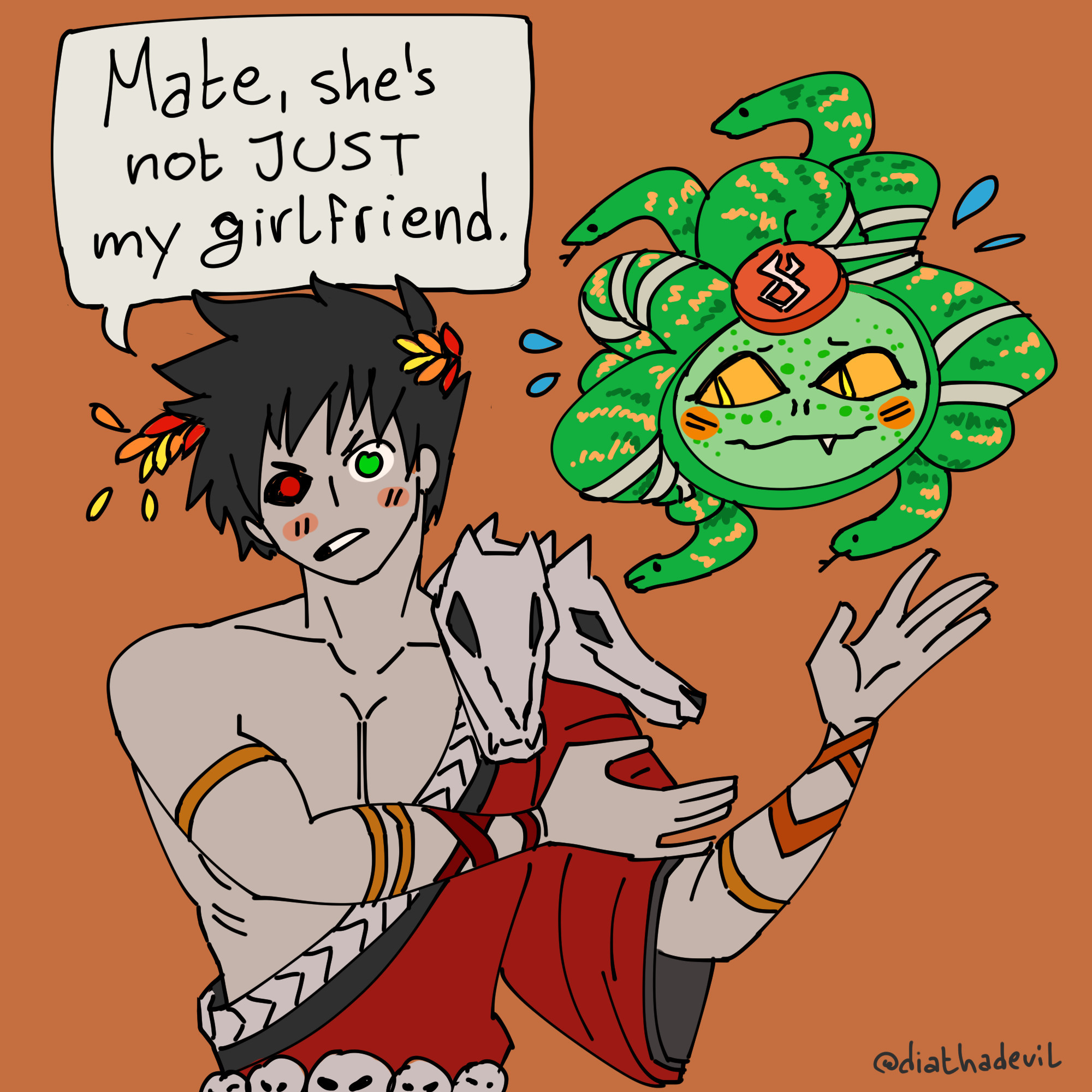 Zagreus showing his hands towards Dusa sternly looking at someone saying "Mate, she's not JUST my girlfriend."