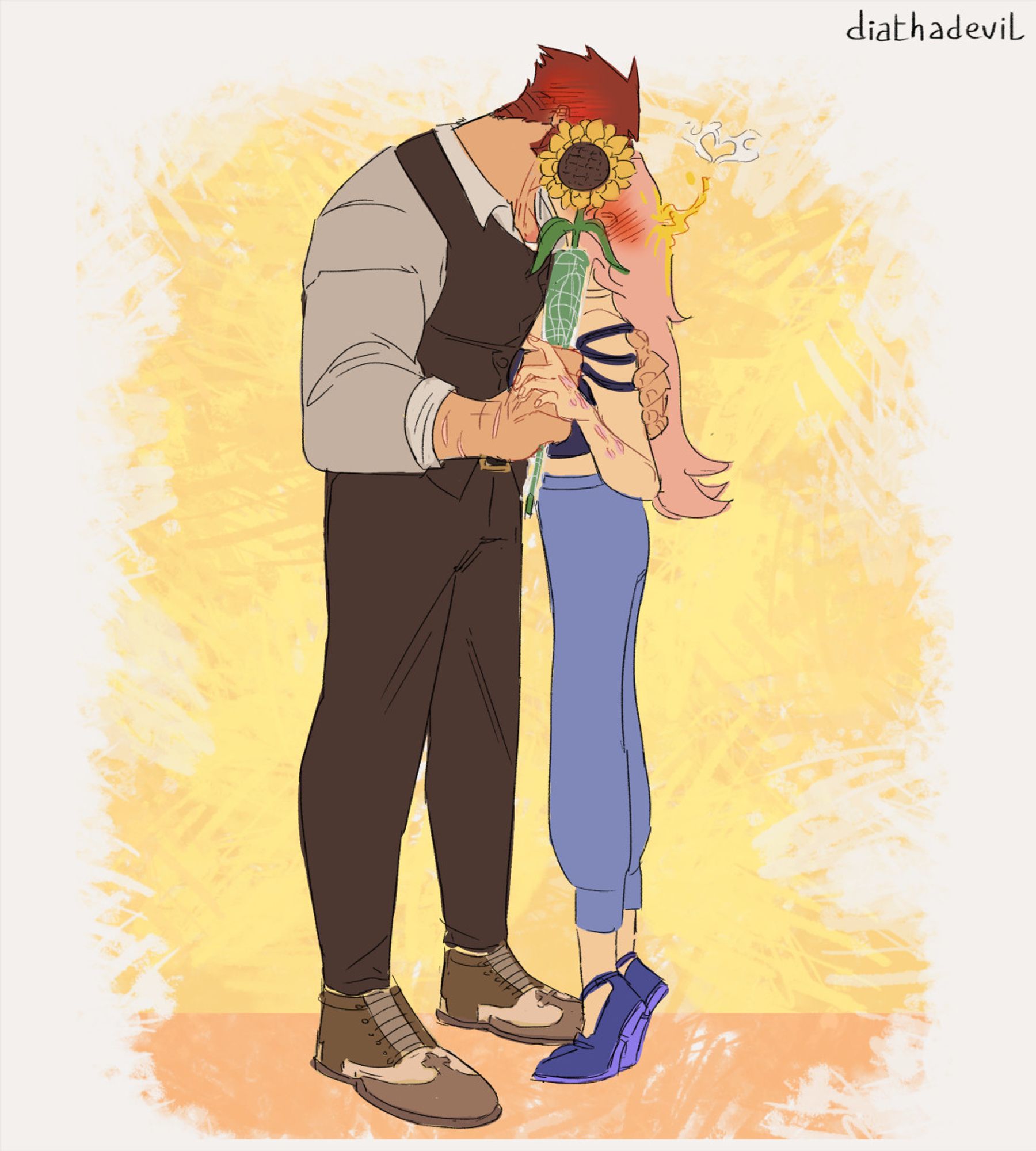 Sketch of Aideen and Klaus holding each other as the sunflower is hiding their faces close together, with Klaus hovering and leaned in front of Aideen, and Aideen herself on her tippy toes and holding Klaus' hand that's holding the sunflower. Klaus' free hand is delicately holding Aideen's back, as Aideen's hair is emanating a flame and a heart-shaped smoke is coming out of it. Aideen is wearing a dark blue sleeveless top with mutliple straps, blue summer pants and royal blue flat shoes. Klaus' formal shoes are a variation of his standard cross-toed ones with a beige vamp instead. The artist's watermark (diathadevil) is on the upper corner of the canvas.