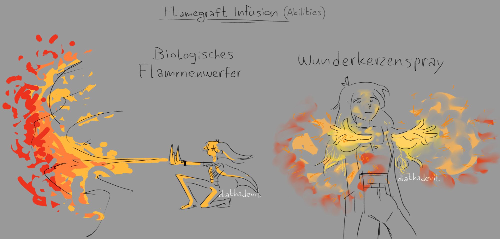 Designs of more Flamegraft Infusion abilities, depicting one where she's kneeling on the ground with one knee and shooting fire out of her hands called Biologisches Flammenwerfer (german for "Biological Flamethrower"), and another where she has her hands and fingers spread in front and splayed out with fiery sparkles coming out of them called Wunderkerzenspray (german for 'Sparkler Spray"). The artist's watermark (diathadevil) is depicted on both doodles.