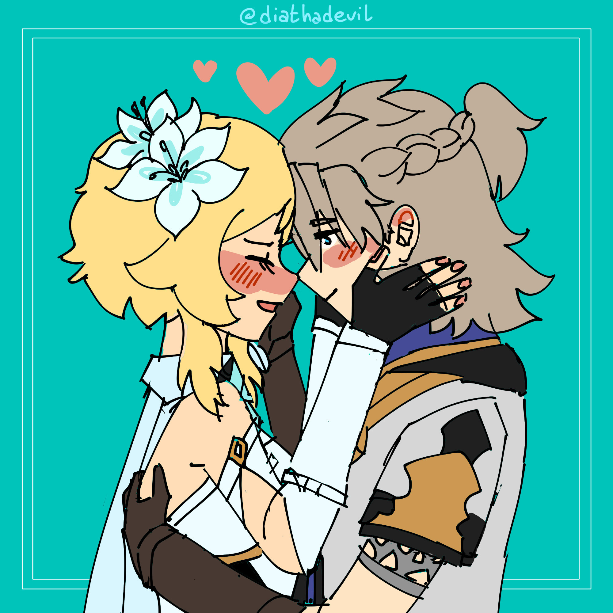 Albedo and Lumine are holding each other tightly as Lumine's hands are on both his cheeks and Albedo's hand is holding her cheek. They are blushing bashfully at each other.