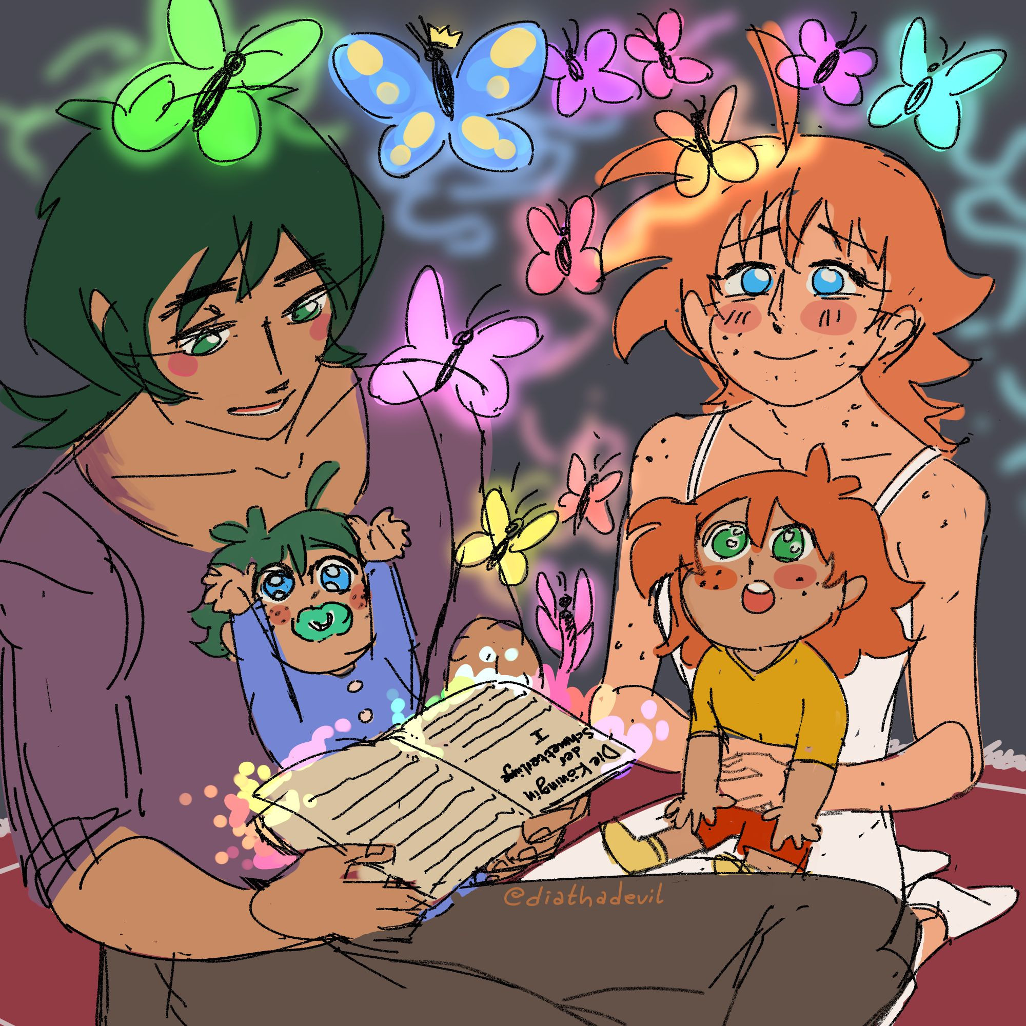 Fakiru Week 2021 Prompt for "Fable". Colored sketch of Fakiru and their children watching as Fakir's spinner powers are activated as he's reading the children a story from his book. The book's title reads "Die Königin der Schmetterlinge" (The Queen of Butterflies)