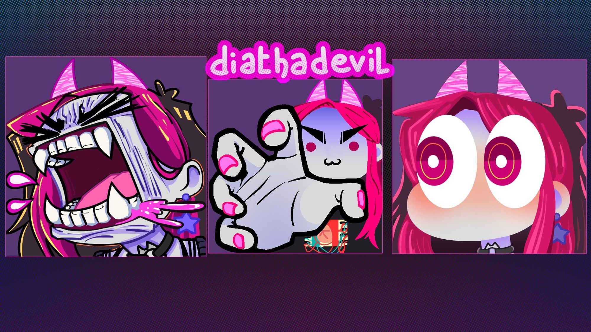 Emotes of diathadevil displayed from Left to Right. Left emote is the LET'S FUCKING GOOOO meme redrawn as Dia, middle emote is Dia grabbing you with her hand ominously, and right emote is the Eyes emoji redrawn with Dia with a slight blush on her cheeks (and looking a little bit like a Moomin). The artist's watermark (diathadevil) is displayed above the emotes.