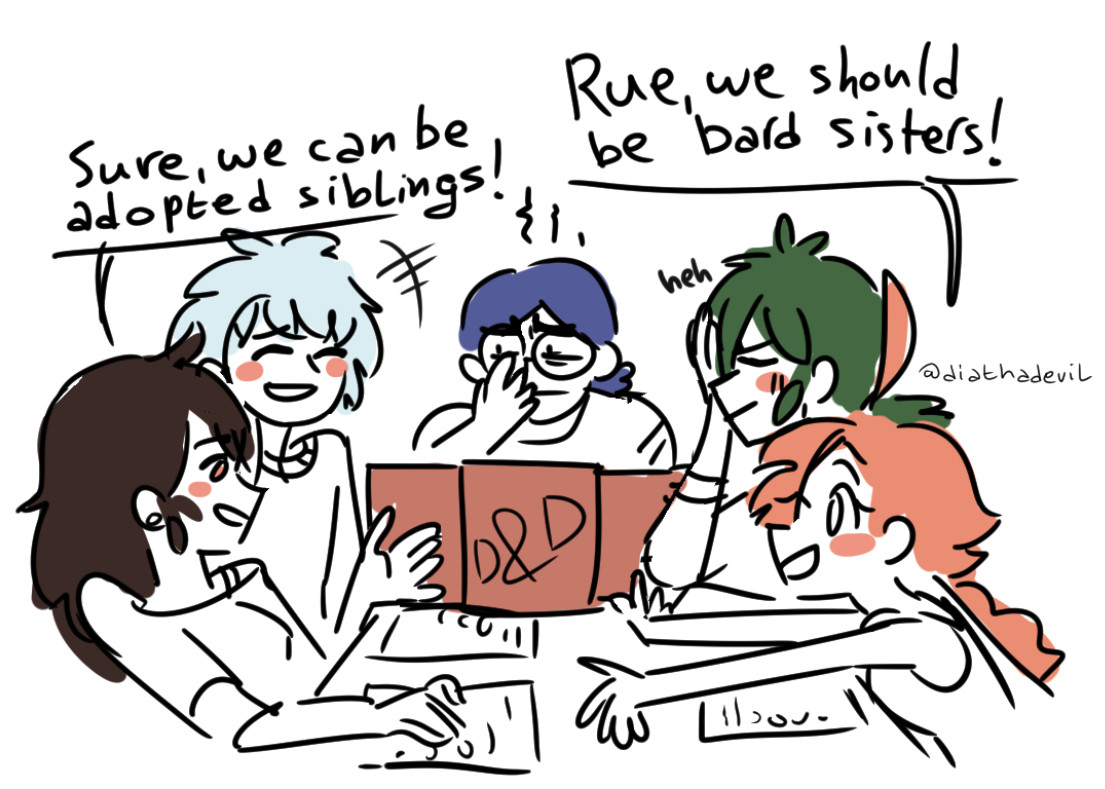 Autor tiredly puts his hand on his face, Fakir puts his hand on his face to but chuckles at Ahiru instead. Mytho is chuckling at the silliness. Ahiru and Rue talk to each other "Rue, we should be bard sisters!" "Sure, we can be adopted siblings!"