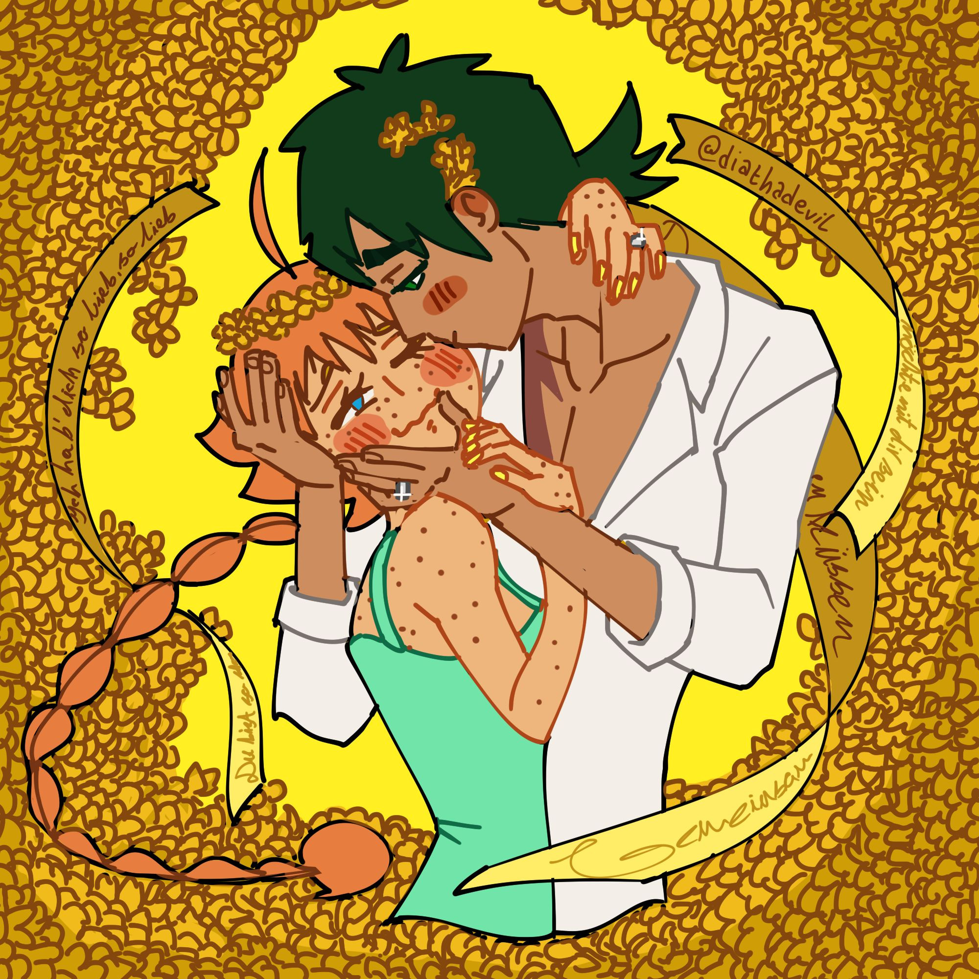 Fakiru Week 2021 Prompt for "Tender". Colored drawing of Fakiru and Ahiru kissing inspired by Gustav Klimt's painting of The Kiss with floating ribbons and golden flower petals covering them. The ribbons have German sentences handwritten on them like "Ich hab dich so lieb, so lieb" (I love you so much, so much).