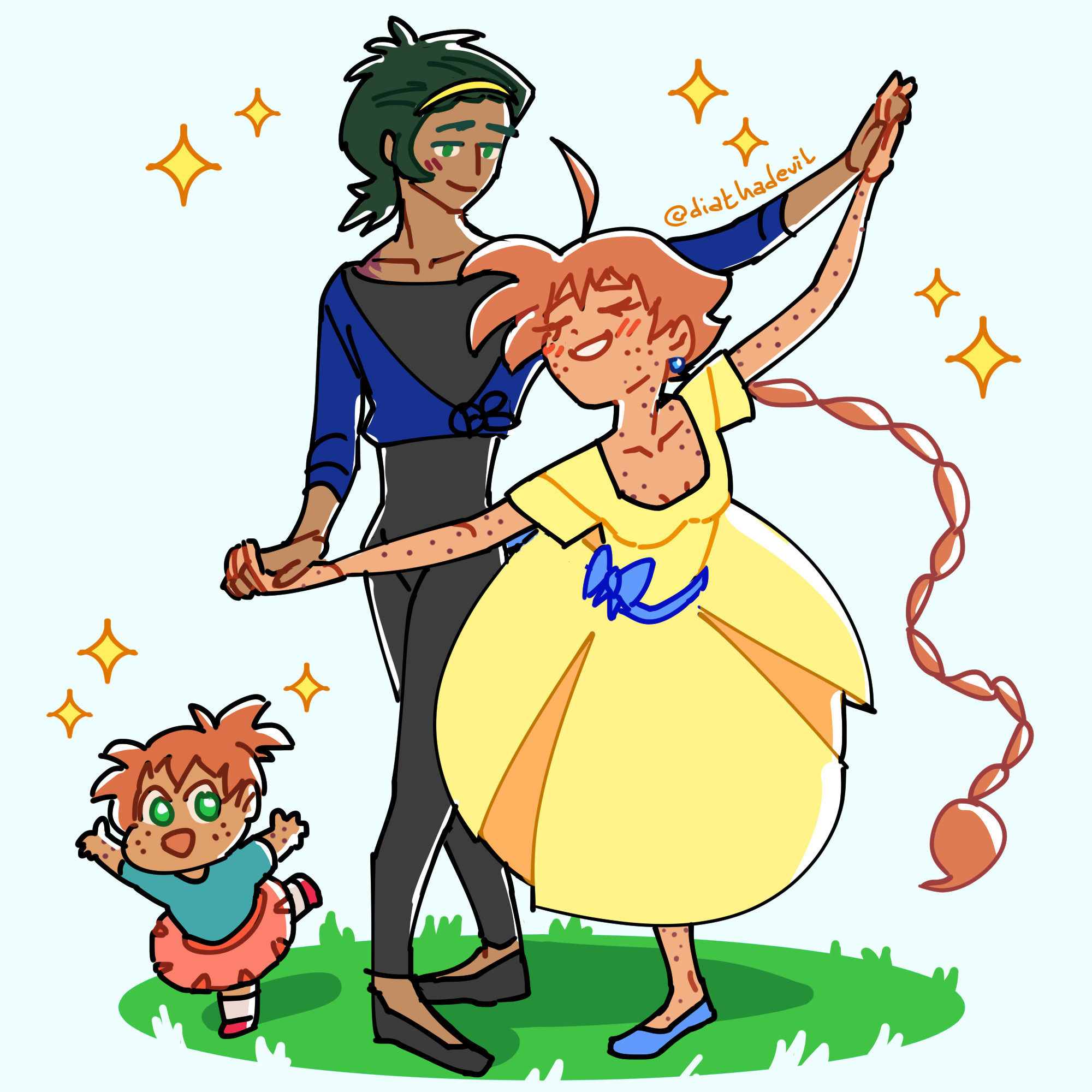 Fakiru Week 2021 Prompt for "Star". Colored drawing of Fakir and Ahiru dancing a pas de deux together, while their kid Elster who is dancing alongside them. Ahiru's pose is inspired by Edgar Degas' painting "The Star".