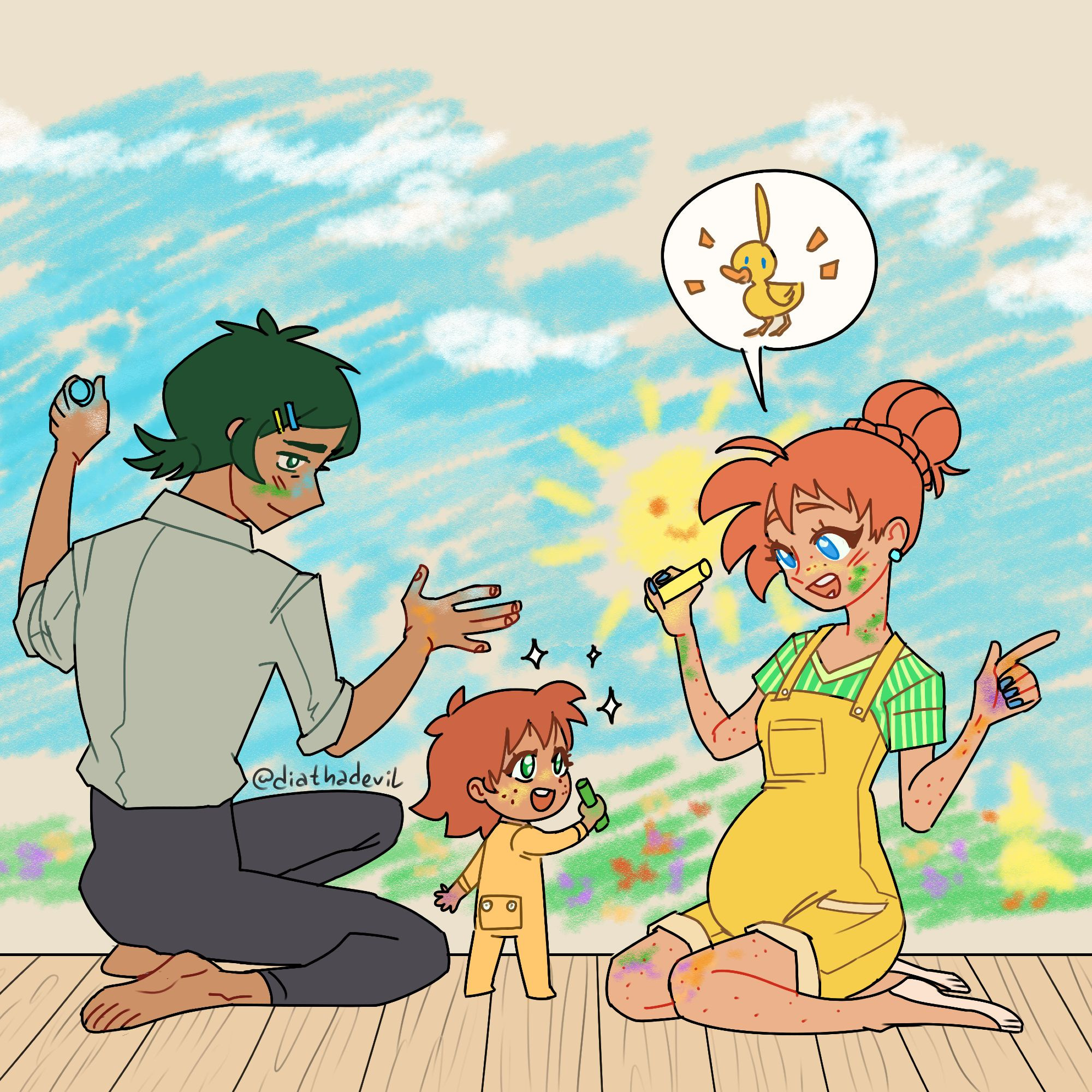 Fakiru Week 2021 Prompt for "Coloring". Fakir and a pregnant Ahiru with their kid inbetween drawing on the wall with colored chalk. The wall has a chalky sky with rainbows and a smiling sun, with a grassy field and a duck in the corner of the wall looking at the sun.