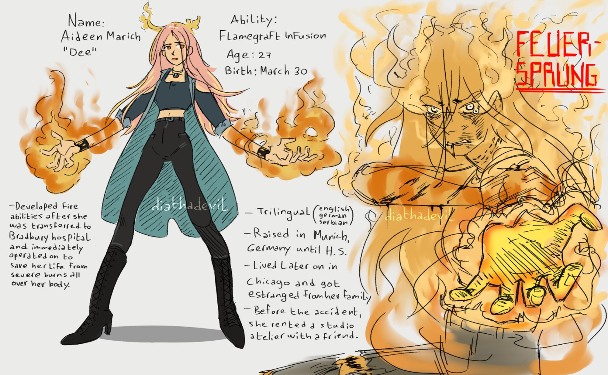 Character design of my Blood Blockade Battlefront (or Kekkai Sensen) OC Aideen Marich (nicknamed Dee), ability is the Flamegraft Infusion, Age is 27, and her Birth(day) is March 30. The text on the bottom left reads "Developed fire abilities after she was transferred to Bradbury hospital and immediately operated on to save her life from severe burns all over her body. Trilingual (English, German, Serbian), Raised in Munich, Germany until H.S. Lived later on in Chicago and got estranged from her family. Before the accident, she rented a studio atelier with a friend. The doodle on the right depicts her using one of her abilities; she's pointing her left palm to the viewer, splaying and double jointing her fingers and staring at them angrily with injuries around her, the text next to her reads "FEUERSPRUNG (german for 'flashover'). The artist's watermark (diathadevil) is on both doodles.