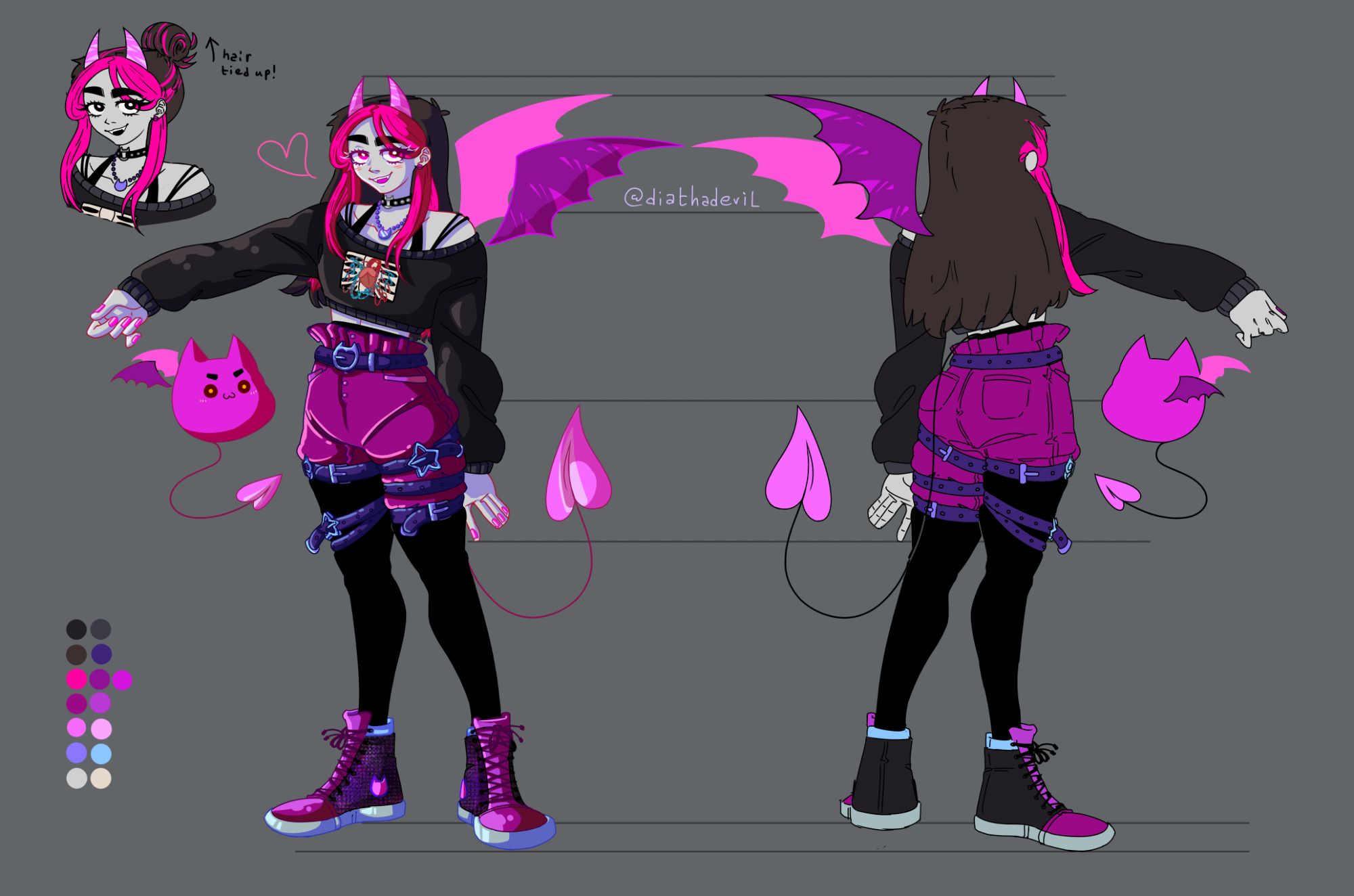 A reference sheet of diathadevil's artsona model. She has pink horns with swirls of light pink and whites on it, magenta wings, and a magenta tail with a light pink in the center of it. They wear a dark sweater with an x-ray heart window in the middle, a studded choker and loose necklace both with the devil horn symbols in the middle of the neckpiece. She has high-wasted shorts with belts covering her waist and both legs, with devil and star designed buckles around it. She wears converse-styled flat sneakers with tones of magenta, purple and blue surrounding the shoe's design, and white soles and a light blue cover on top of the shoe. Next to her is a Devilite, the mascot of her artsona, a floating magenta devil blob with no legs or arms and just horns, wings and a tail. On the upper left of the canvas is an alternate colored version of Dia's head with her hair tied up into a hair bun with text reading "hair tied up!", and on the bottom left are the color palettes used for the design.