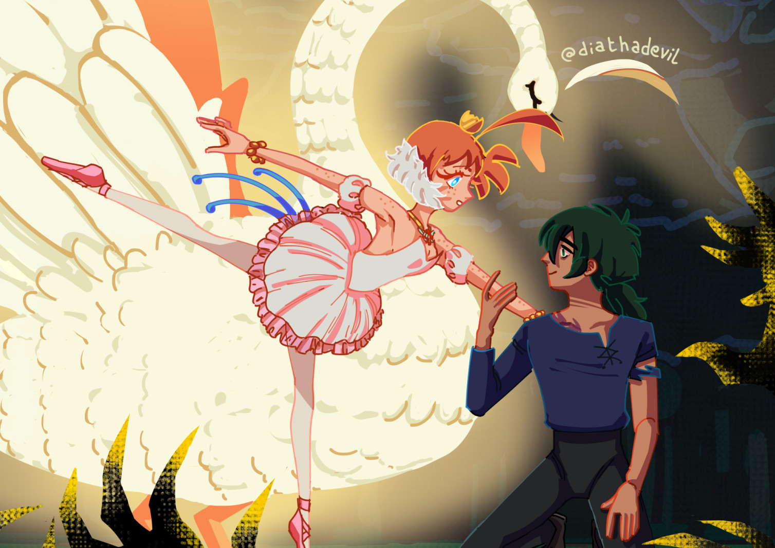 A close-up shot of the first horizontal painting, putting more detail into showing Fakir and Tutu's appearance. Fakir is smiling at her in both relief and admiration, and Tutu is smiling back at him knowing that he is safe from harm now. The artist's watermark (@diathadevil) is above Tutu's swan form.