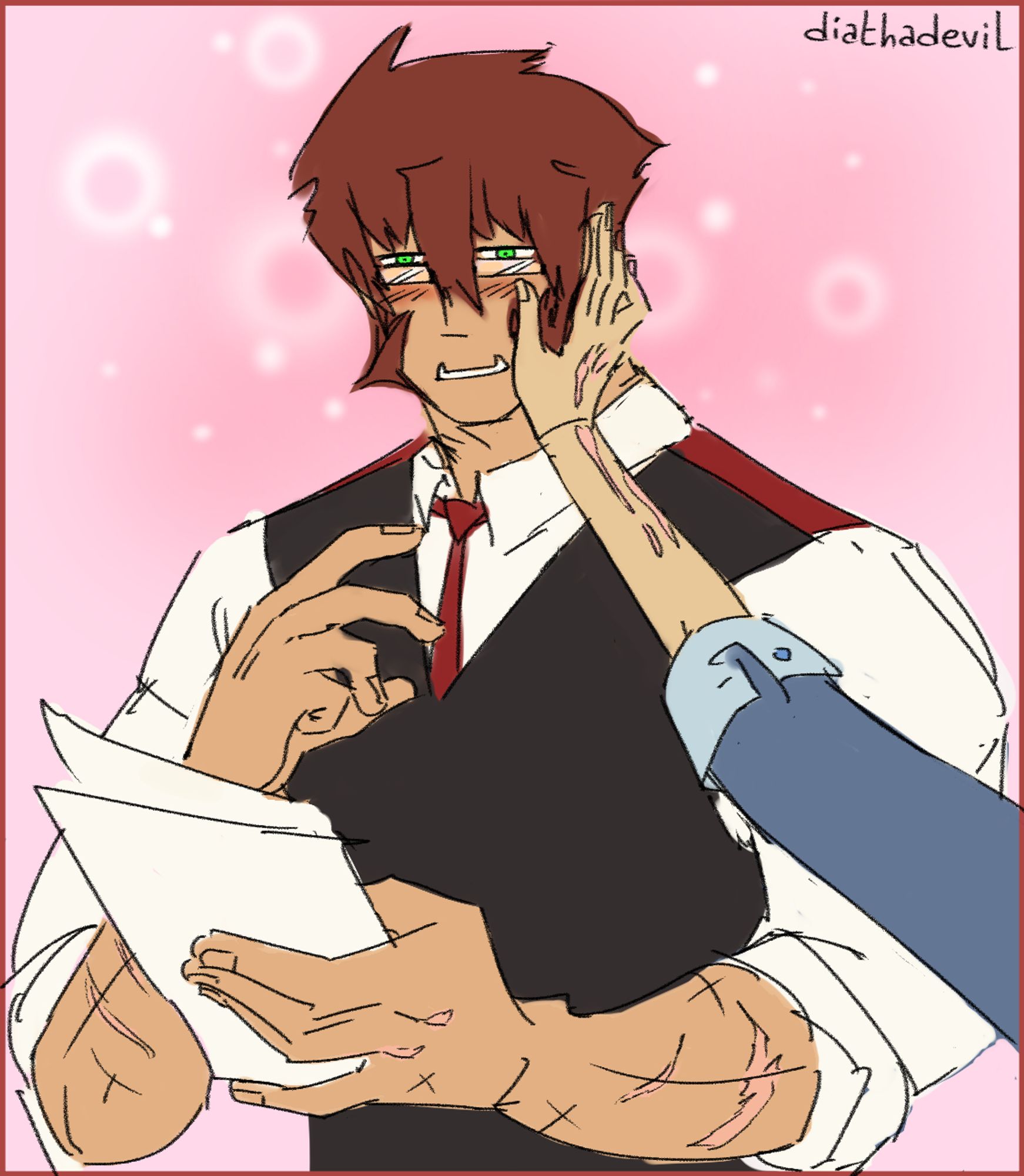 He blushes when he sees the person in front of him, as the hand is now cupping his cheek.