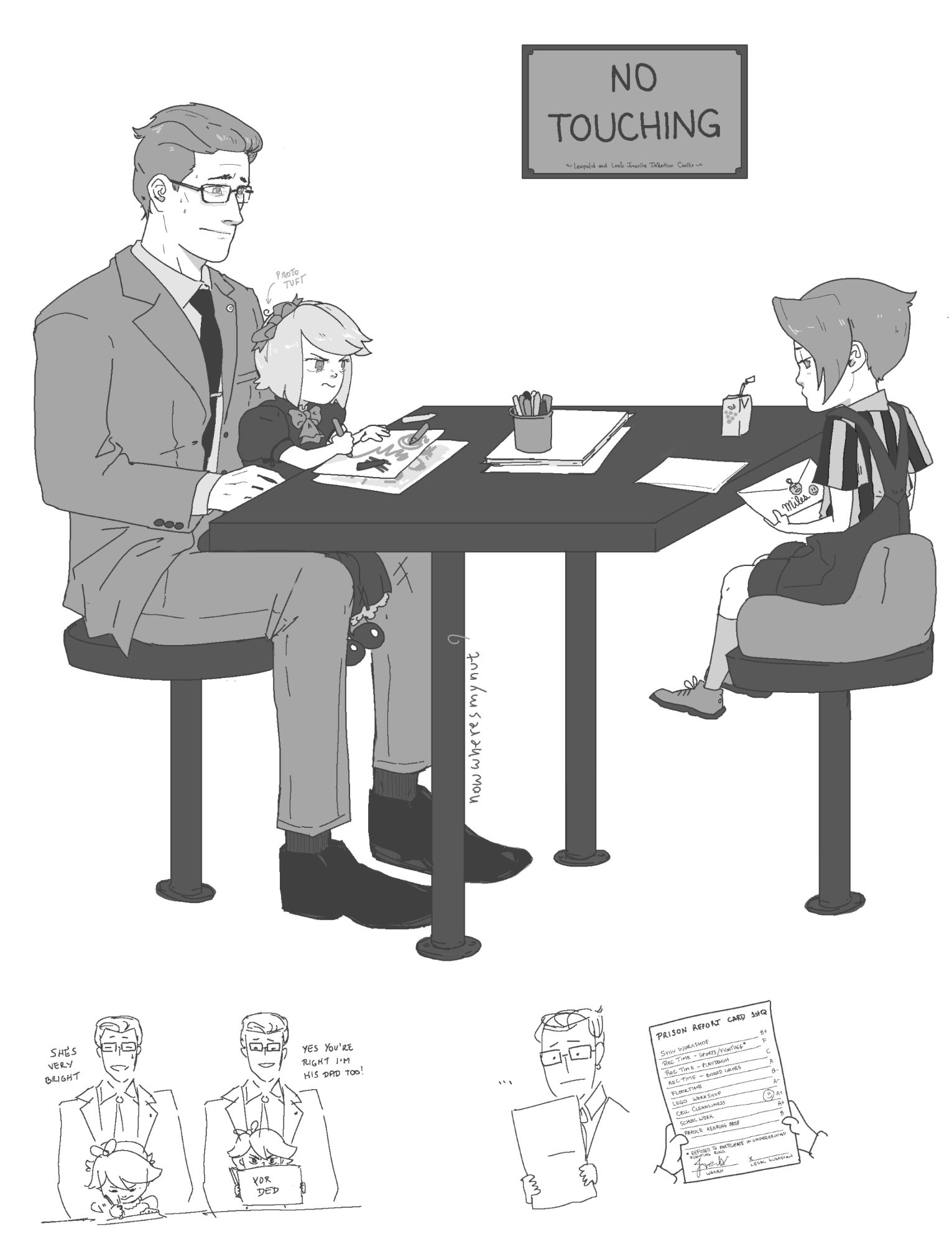 More Greg bringing Franziska to visit, she's writing furiously in a piece of paper while he says "she's very bright" and in the next one she wrote "yor ded" and he says "yes you're right I'm his dad too" 

Miles is looking at a letter from Nick while in his prison booster seat.