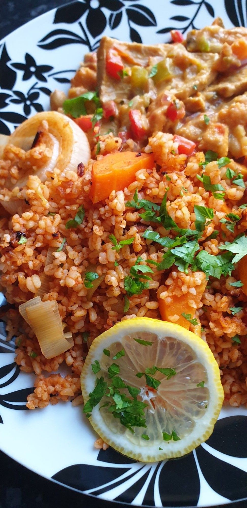 Red Pepper, Soy Pork, Sweet Potato & Chickpea madras. Zeytinyağlı Pırasa Yemeği (Turkish Braised Leeks).  Served w/ fresh coriander & lemon.