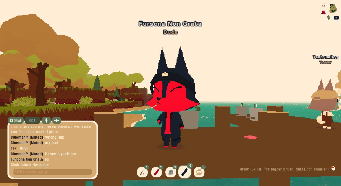 Screenshot of the video game Webfishing, featuring a red and black anthropomorphic canine on a pier.