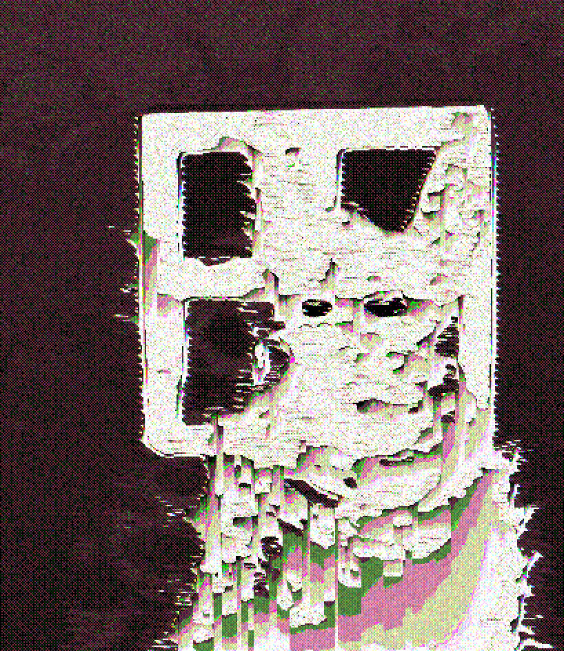 Abstract pixel sorting and databending art. Edited illustration of an animal-like figure standing in front of a window frame.