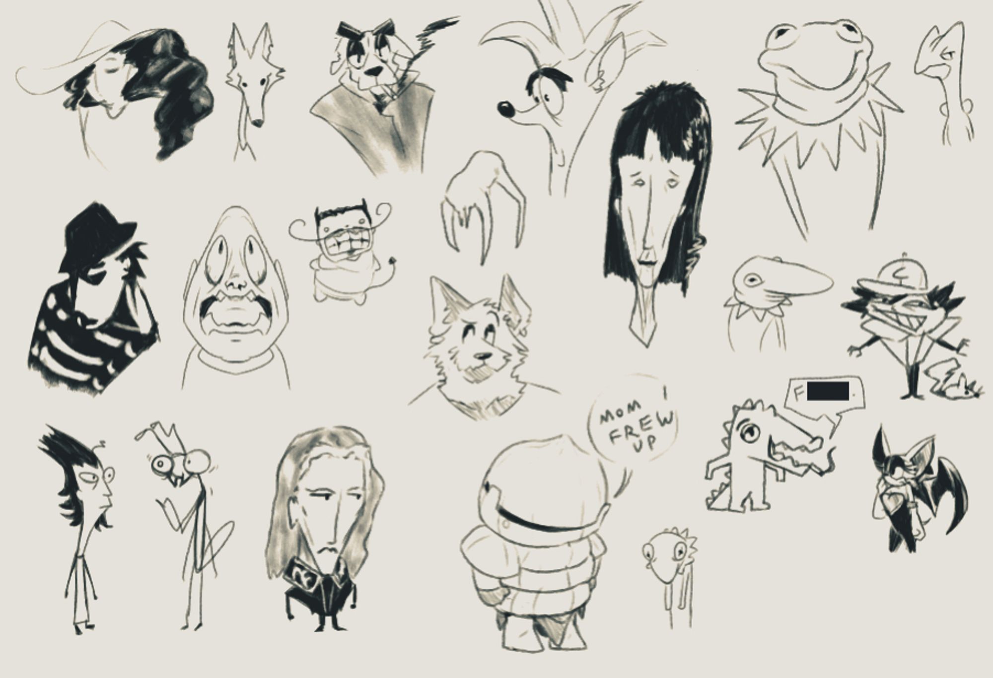 A series of sketches: A woman with flowing hair in a wide-brimmed hat. A disturbed wolfman. A smoking dog-man in a trench coat. A headcrab from Half-Life. Some kind of Crash Bandicoot knock-off. An old, thin woman's portrait. Several disturbed Kermit the Frogs. Sceptile from Pokemon. A mean-spirited looking Ash Ketchum standing next to a mouse. Rouge the Bat from Sonic the Hedgehog. A smoking crocodile guy saying something censored. Chibi Siegmeyer of Catarina from Dark Souls saying "Mom I frew up." Paul von Oberstein from Legend of the Galactic Heroes with a tiny body. A stick-figuresque woman chats with a nervous, anthropomorphic insect. A figure in German Expressionist style. A man looking up in fear. A boxy, sprite-like demon with a curly mustache. An anthro canine.