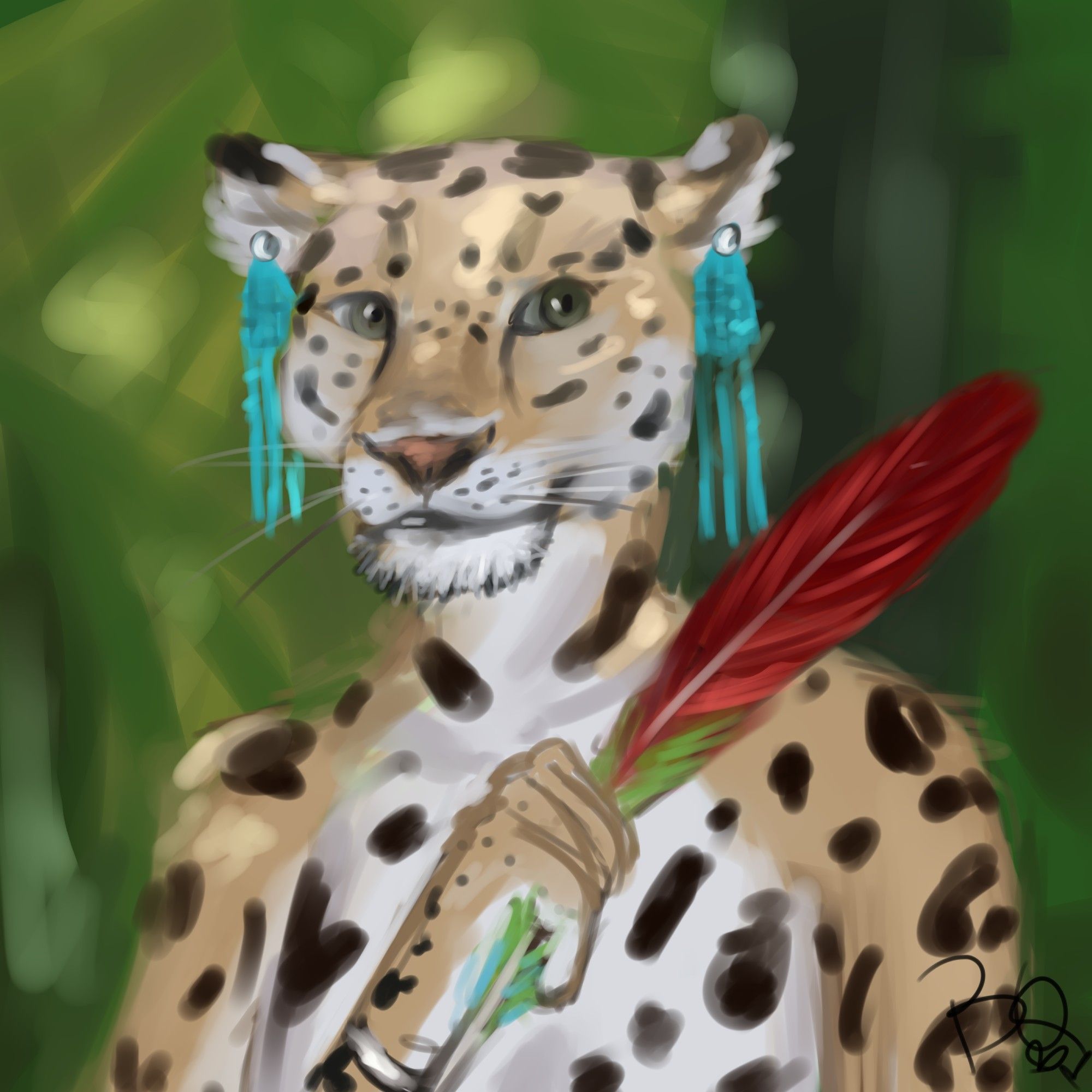 painting of an anthropomorphic jaguar holding a macaw feather wearing beaded fringe earrings