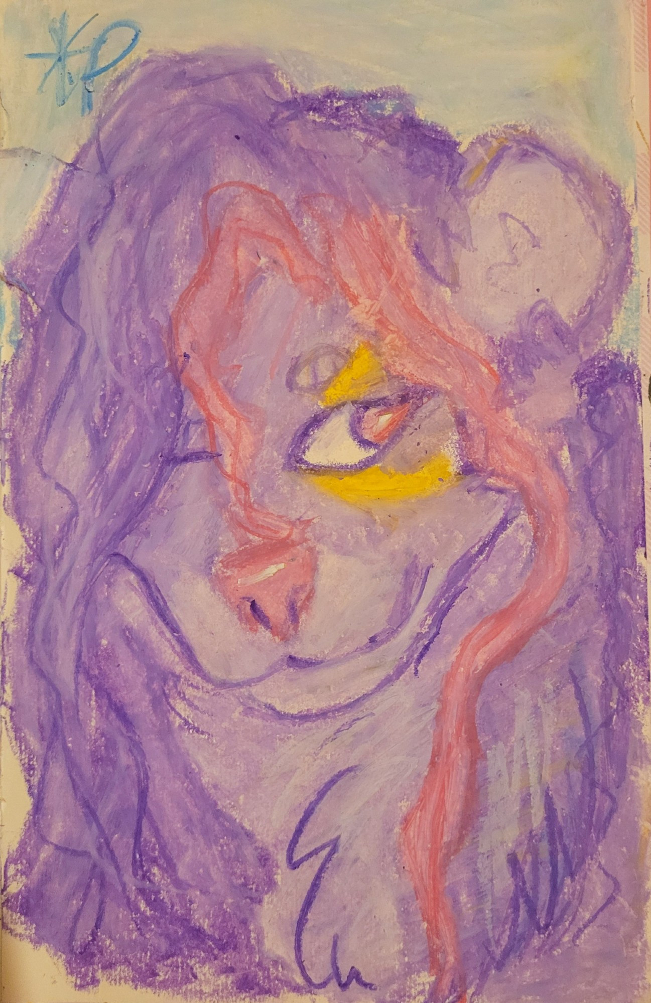 bust in oil pastels of a lilac bear with wavy long hair and some pink locs. She has a pink nose and a yellow crescent moon on her right eye. 
Her eyes are also pink.
Background is light cyan.
she is smiling and looking to the right and winking with her left eye