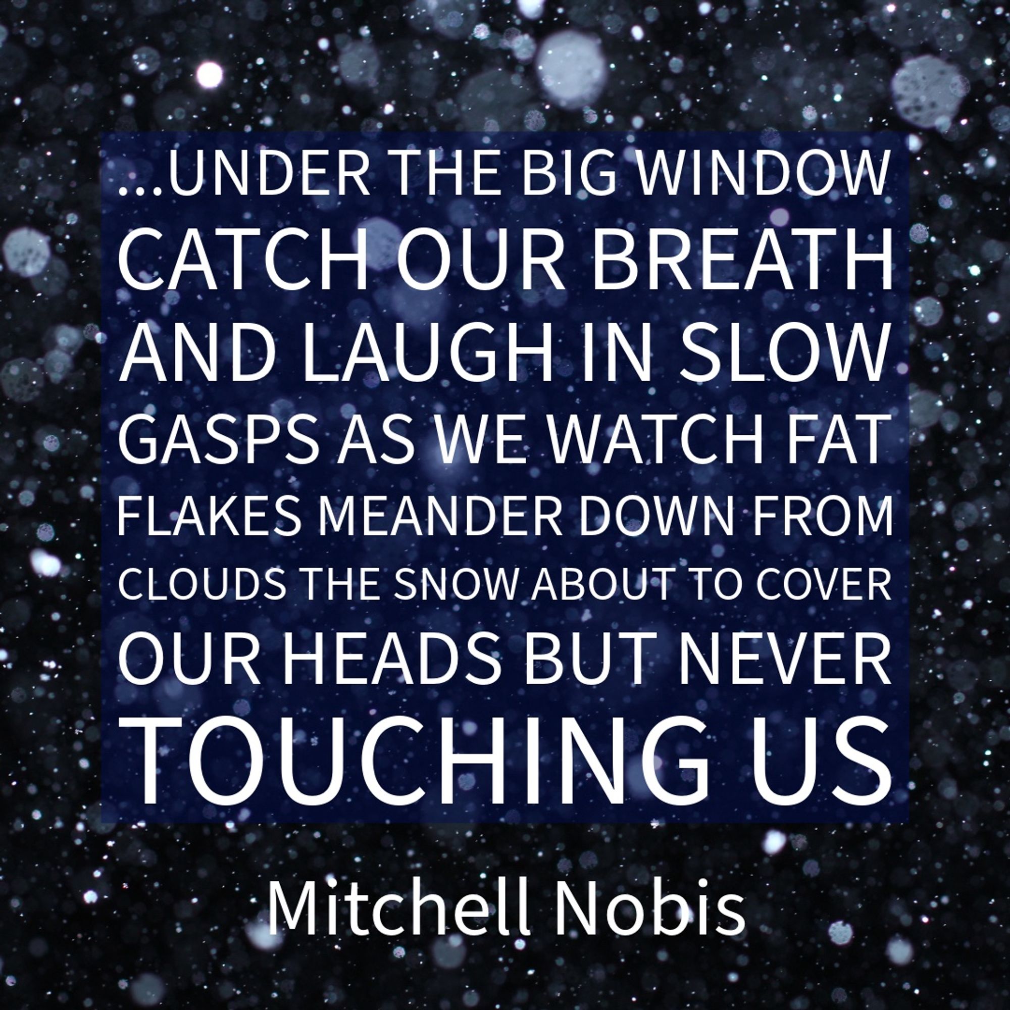 ...UNDER THE BIG WINDOW CATCH OUR BREATH AND LAUGH IN SLOW GASPS AS WE WATCH FAT FLAKES MEANDER DOWN FROM CLOUDS THE SNOW ABOUT TO COVER OUR HEADS BUT NEVER TOUCHING US
Mitchell Nobis