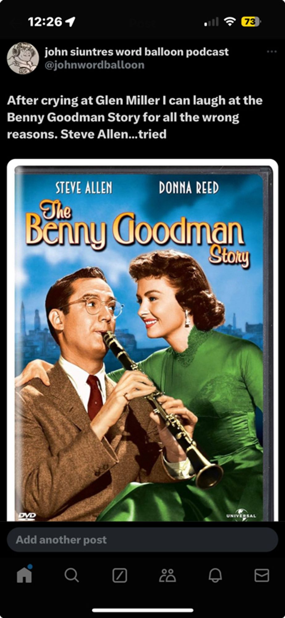 The Benny Goodman Story . Funny for all the wrong reasons. Steve Allen … tried