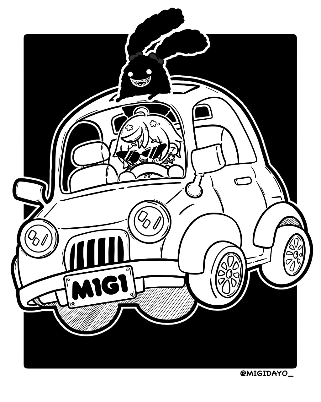 art of Migi dayo and her Spriggan in a car