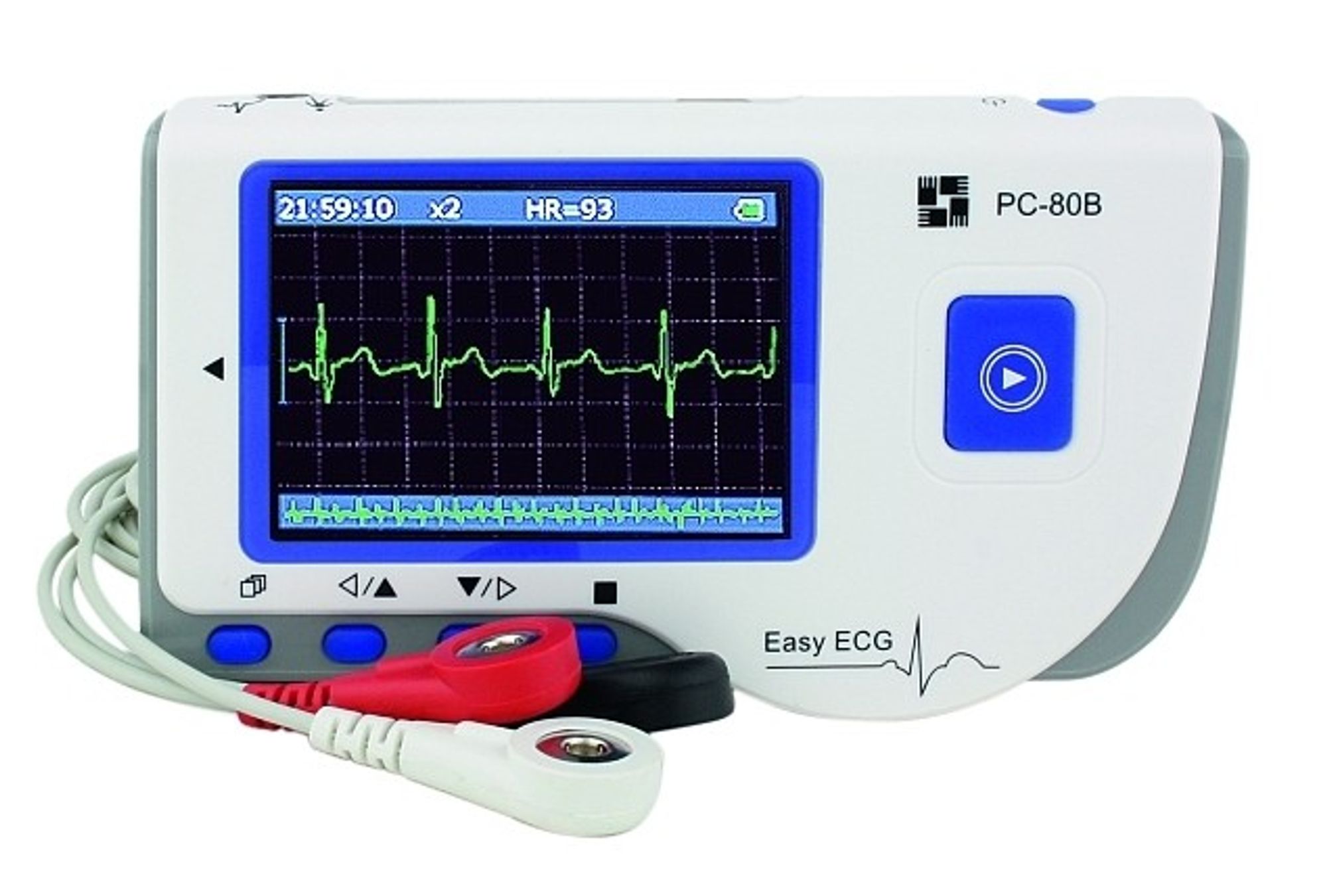 modernes, handliches EKG-Gerät mit Display, Sensoren und USB-Anschluss für Laien. Es hat nur einen Start-Knopf, der Rest geschieht automatisch