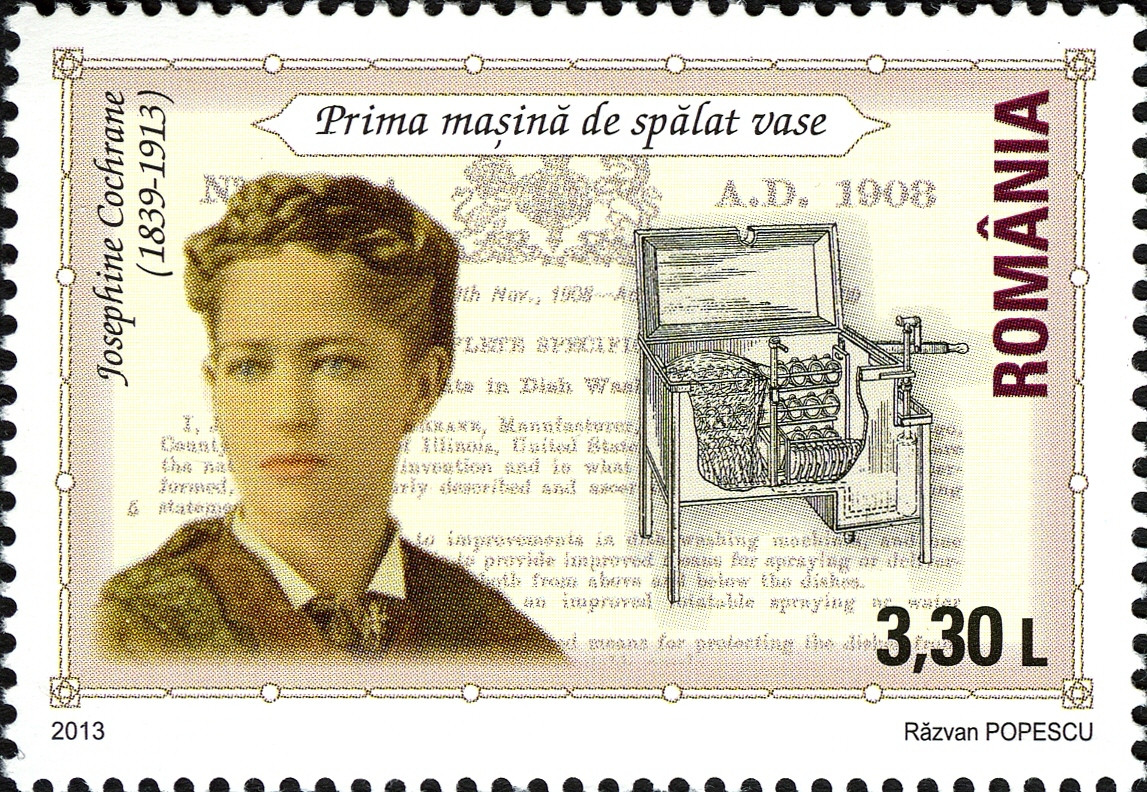 Eine Briefmarke mit Bild von Josephine im linken Bereich, rechts die Patentzeichnung mit Erklärung.